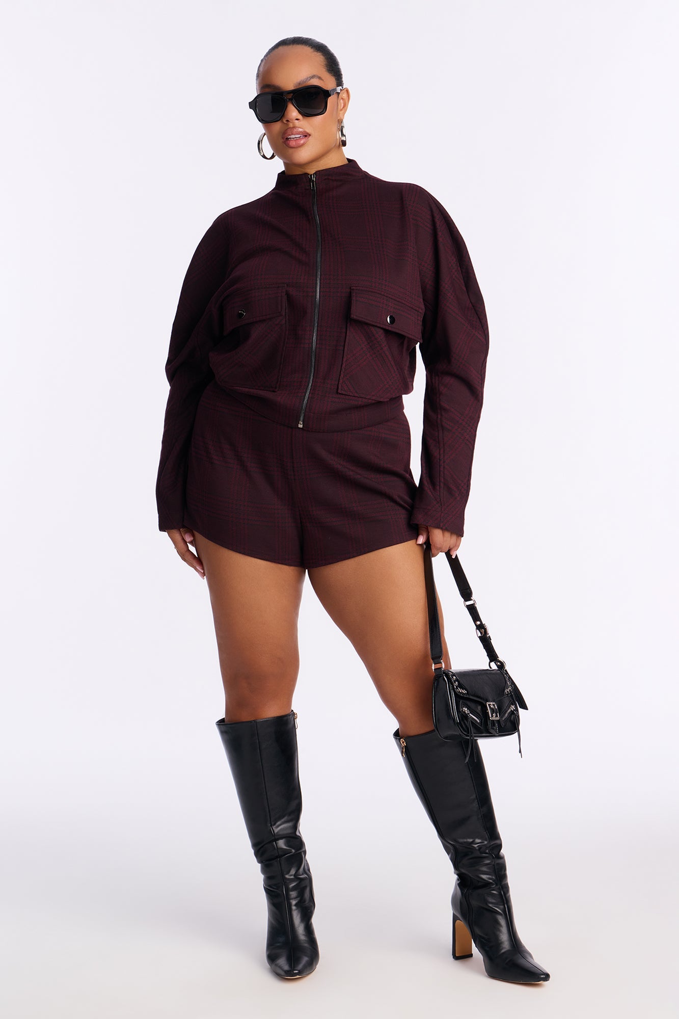 Layla Plaid Jacket Short Set - Wine