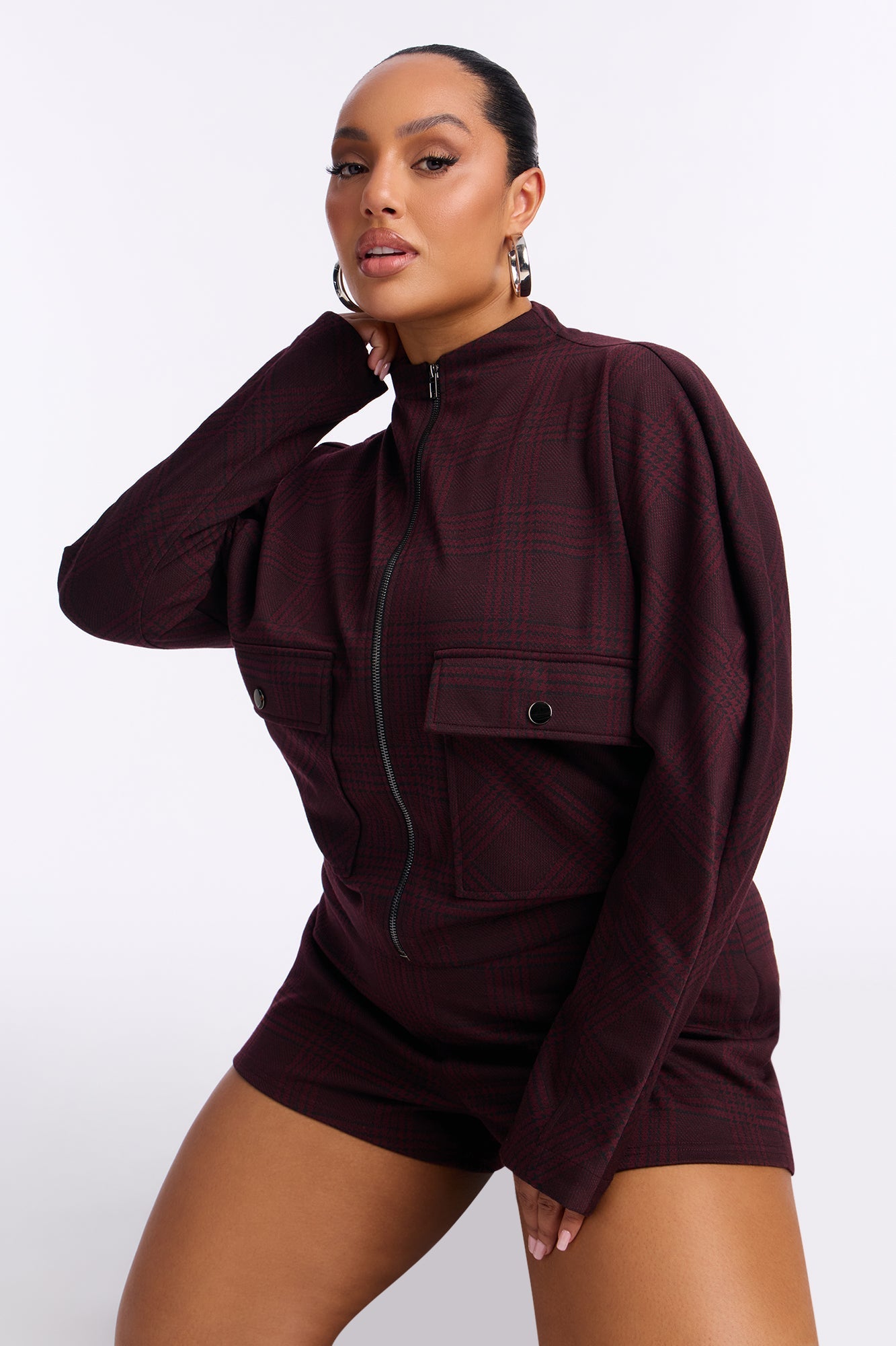 Layla Plaid Jacket Short Set - Wine