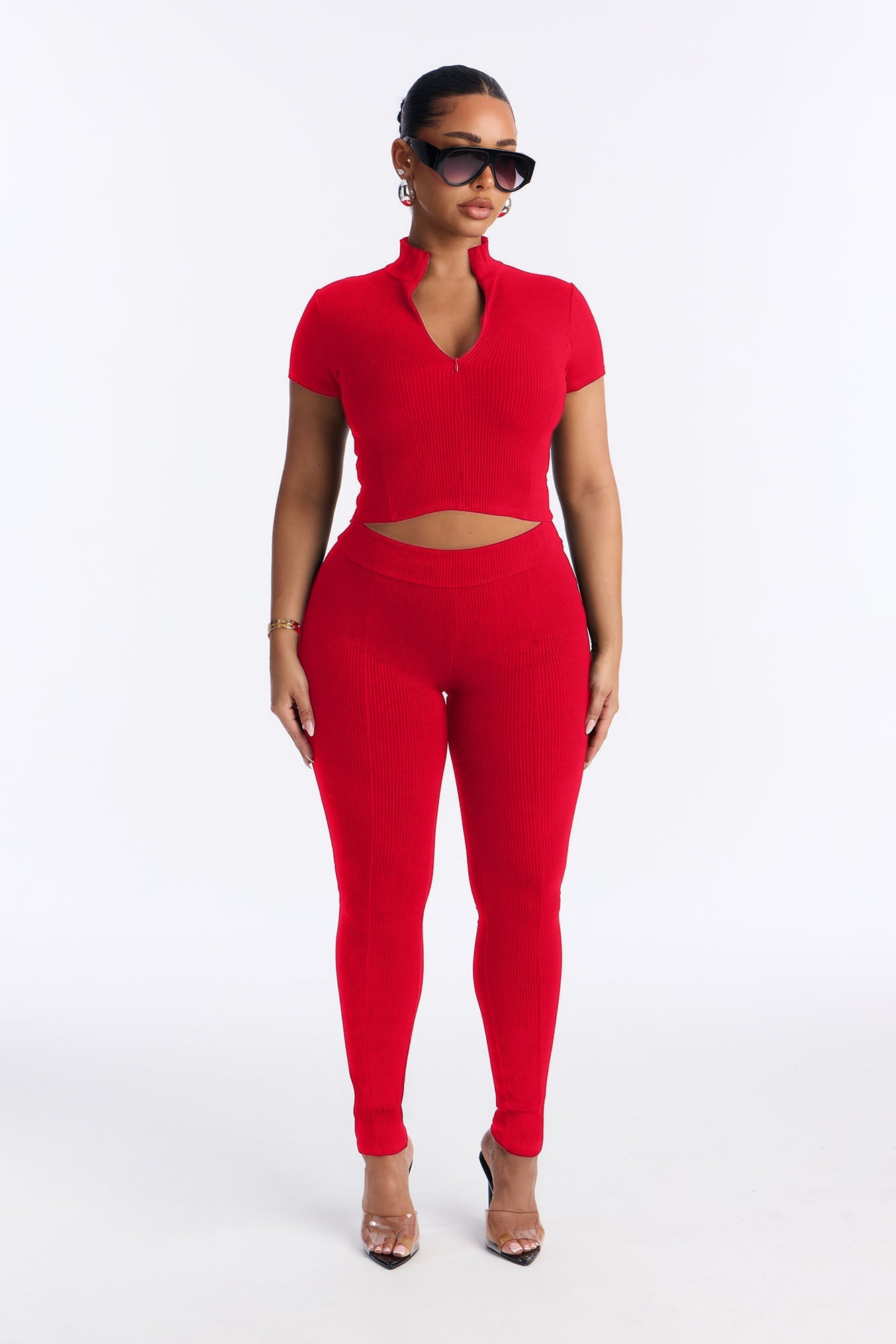 Mia Zip Snatched Pant Set - Red