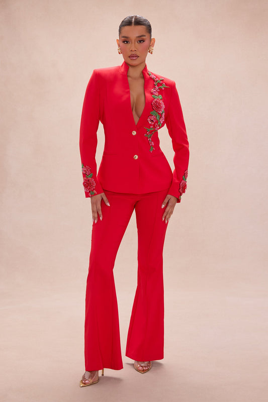 Amelia Embroidered Blazer Pant Set - Red