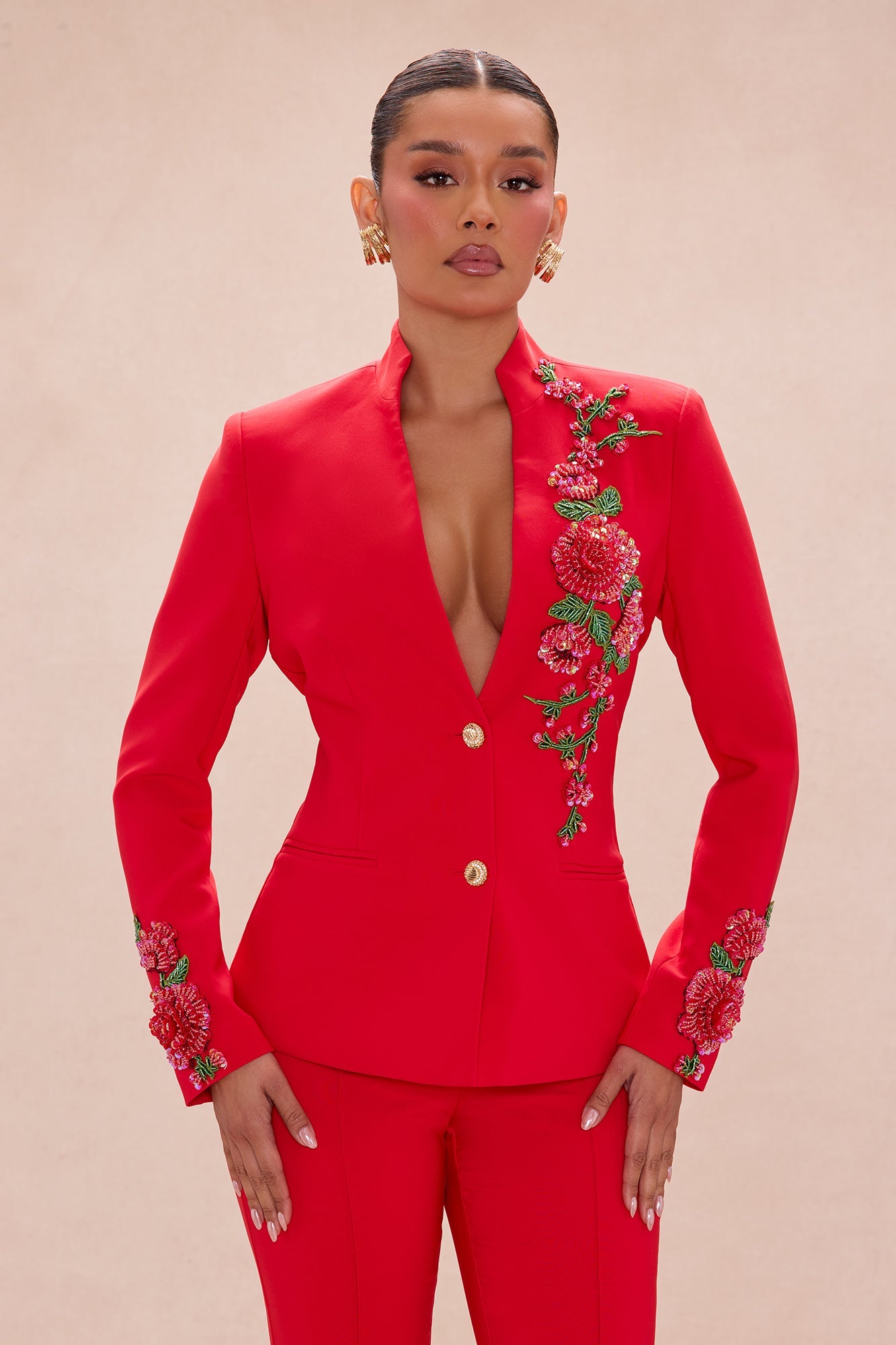 Amelia Embroidered Blazer Pant Set - Red
