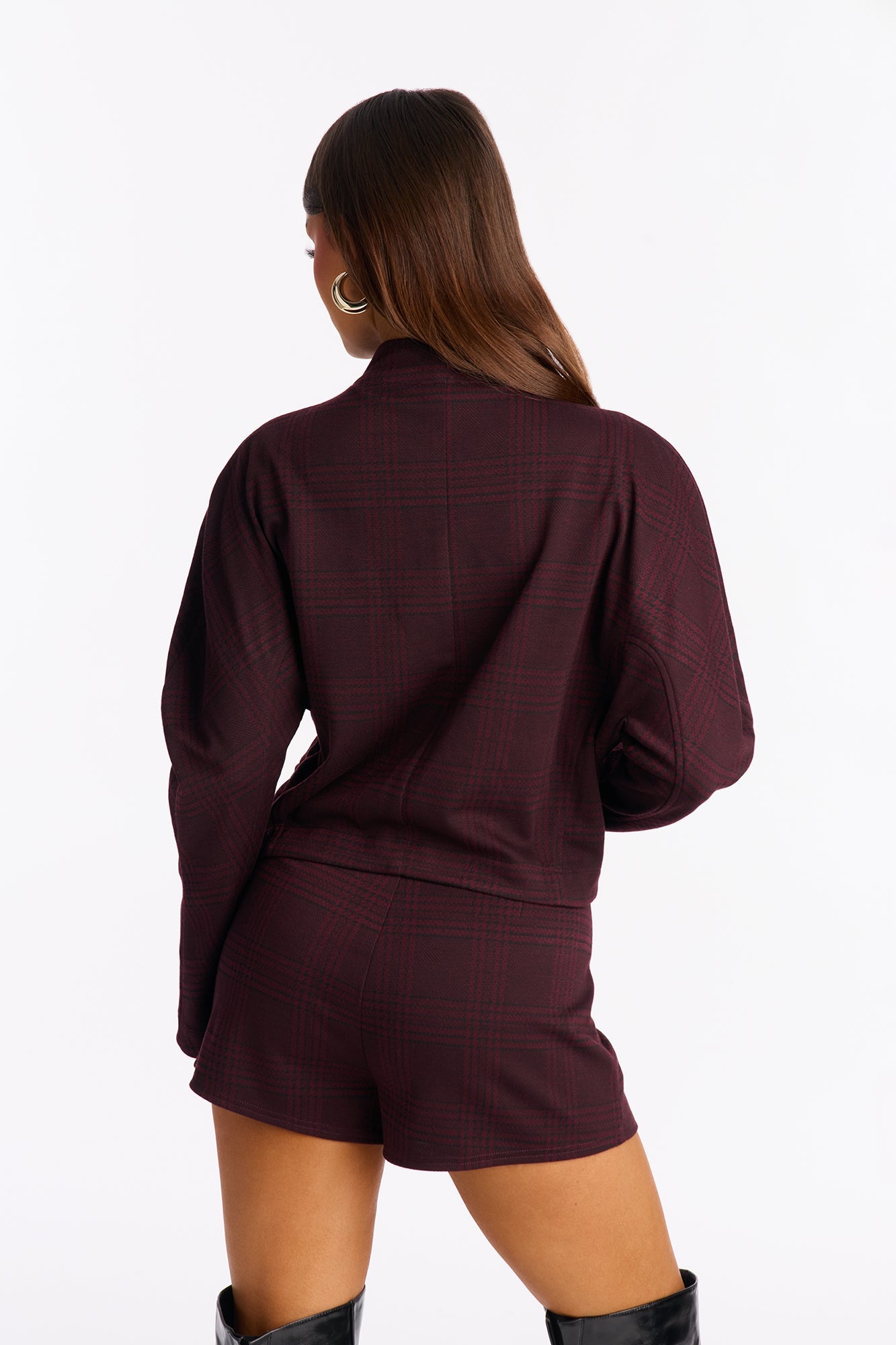 Layla Plaid Jacket Short Set - Wine