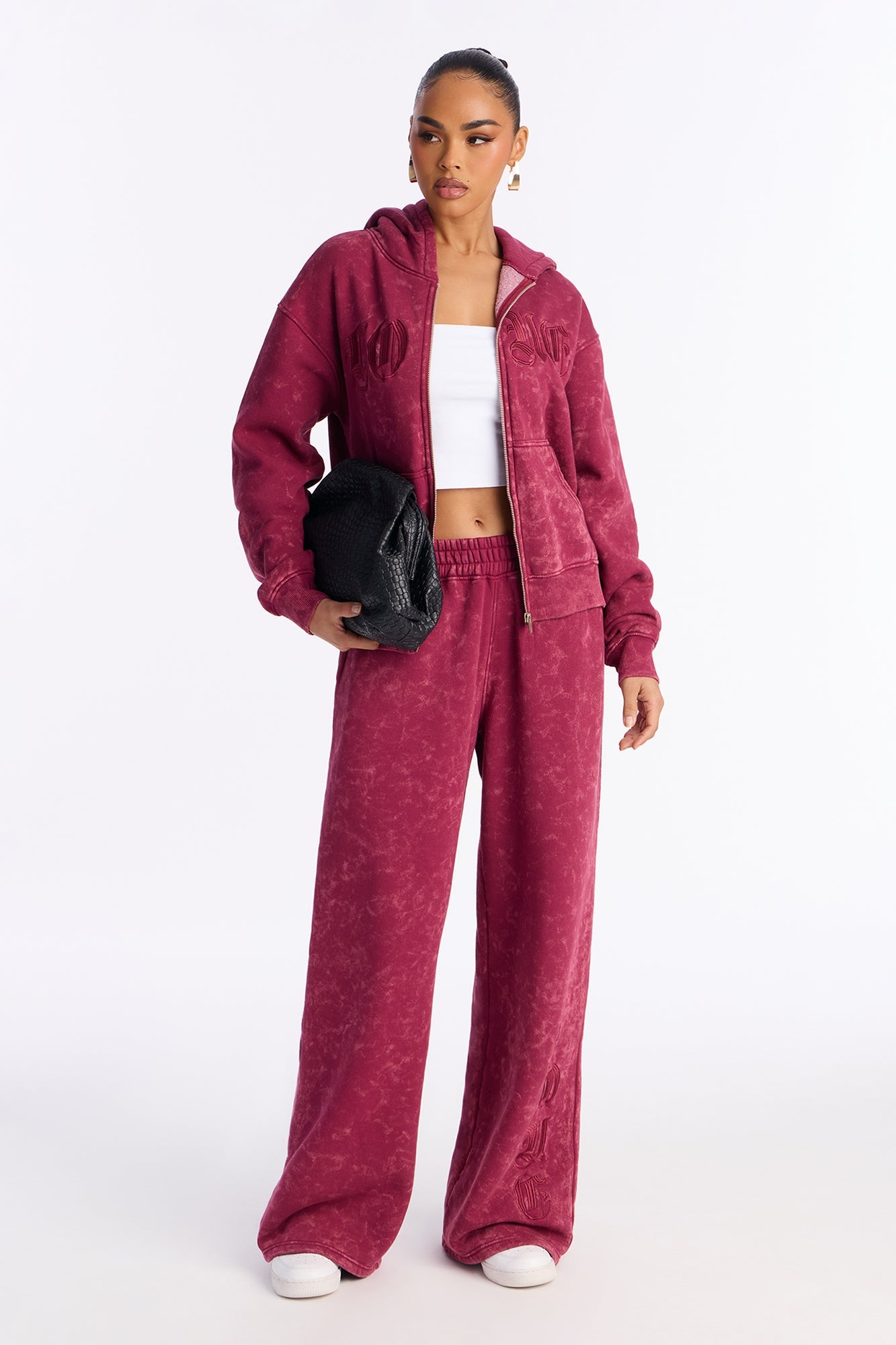 Love Club Embroidered Fleece Pant Set - Wine