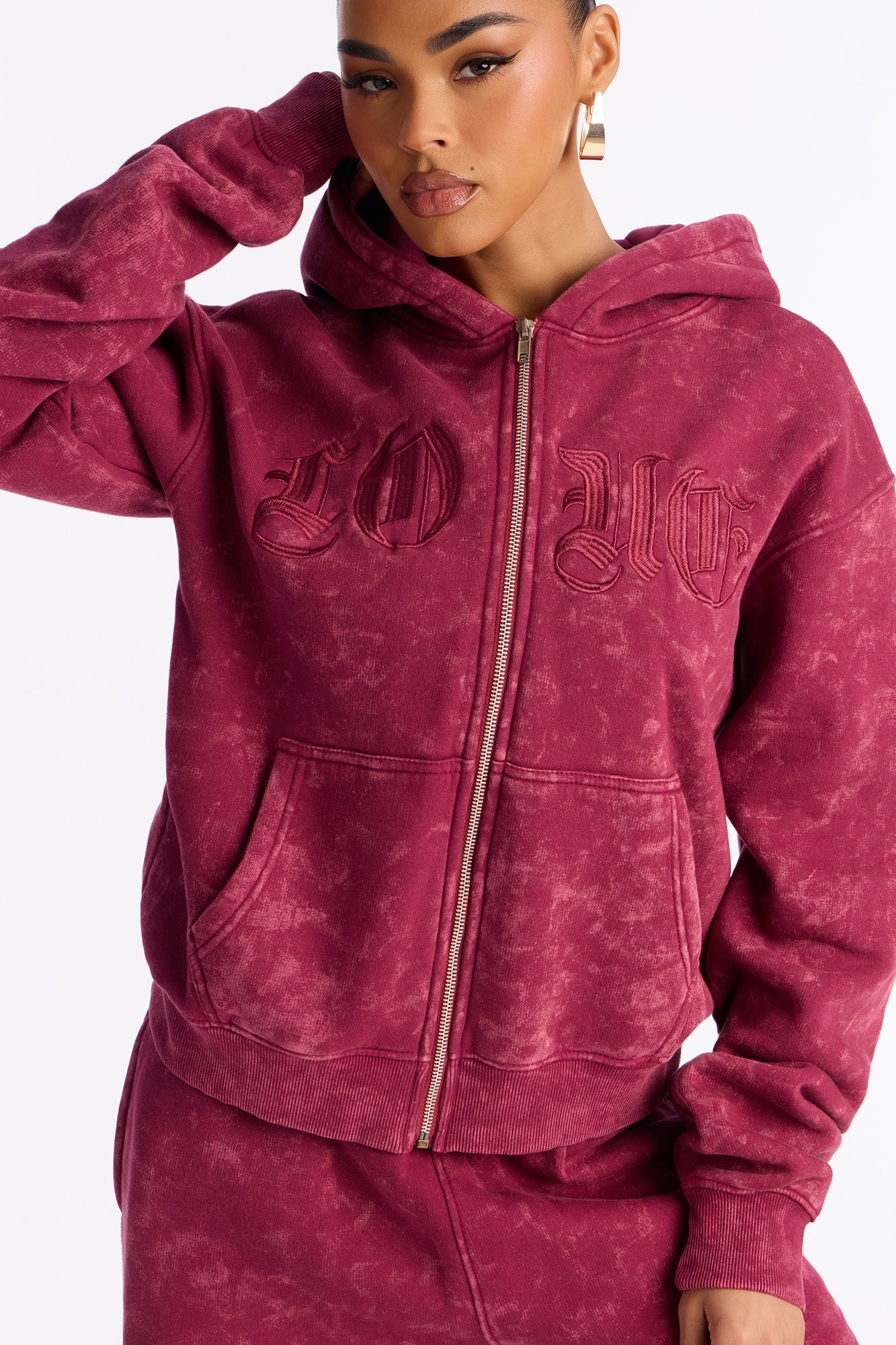 Love Club Embroidered Fleece Pant Set - Wine