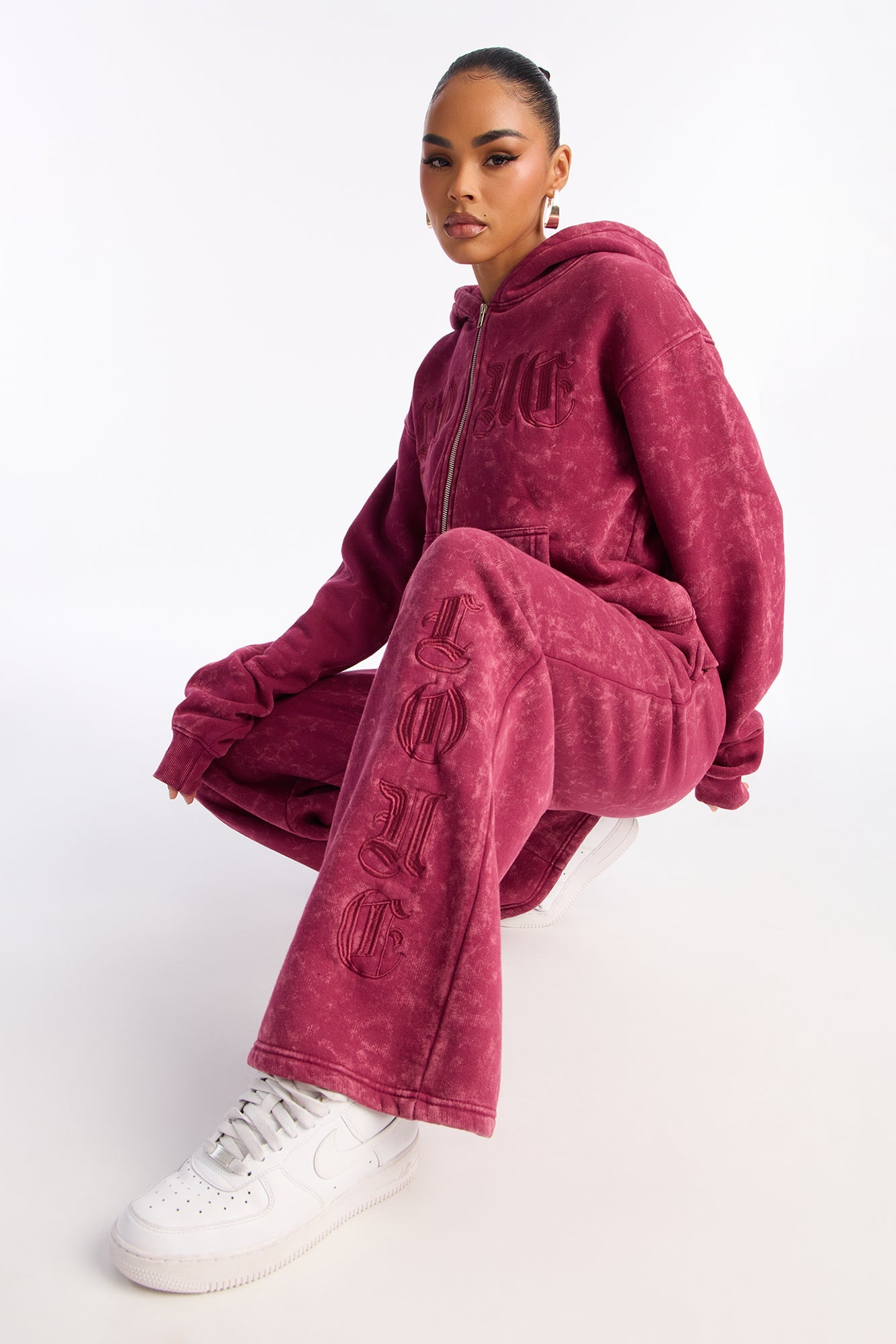 Love Club Embroidered Fleece Pant Set - Wine