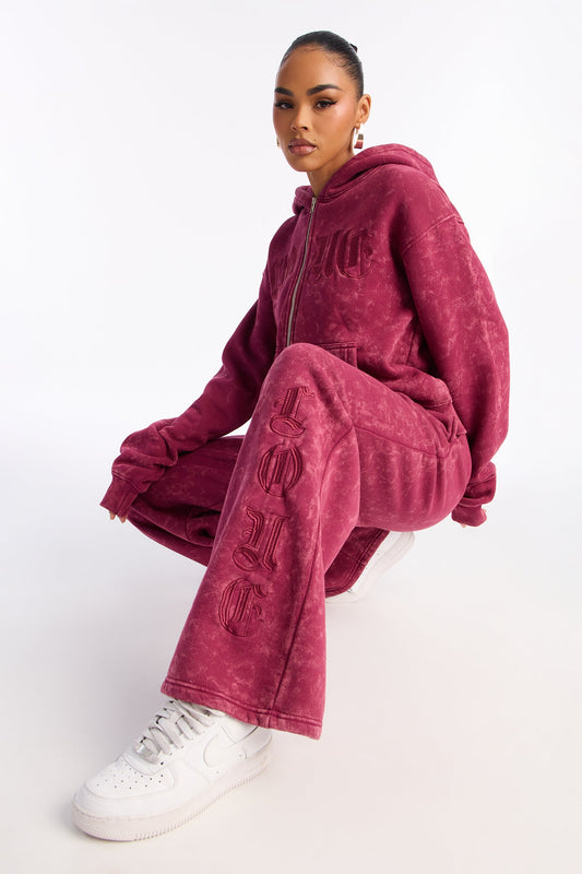 Love Club Embroidered Fleece Pant Set - Wine