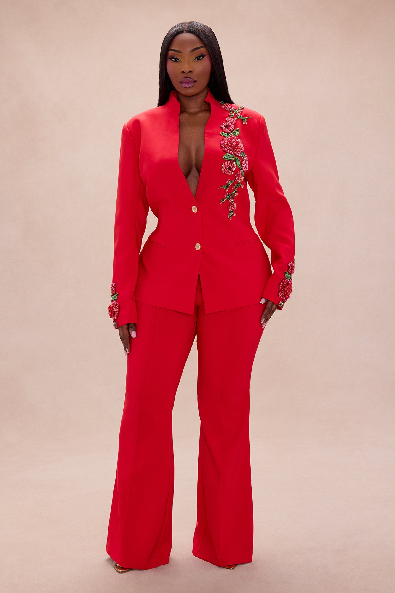 Amelia Embroidered Blazer Pant Set - Red