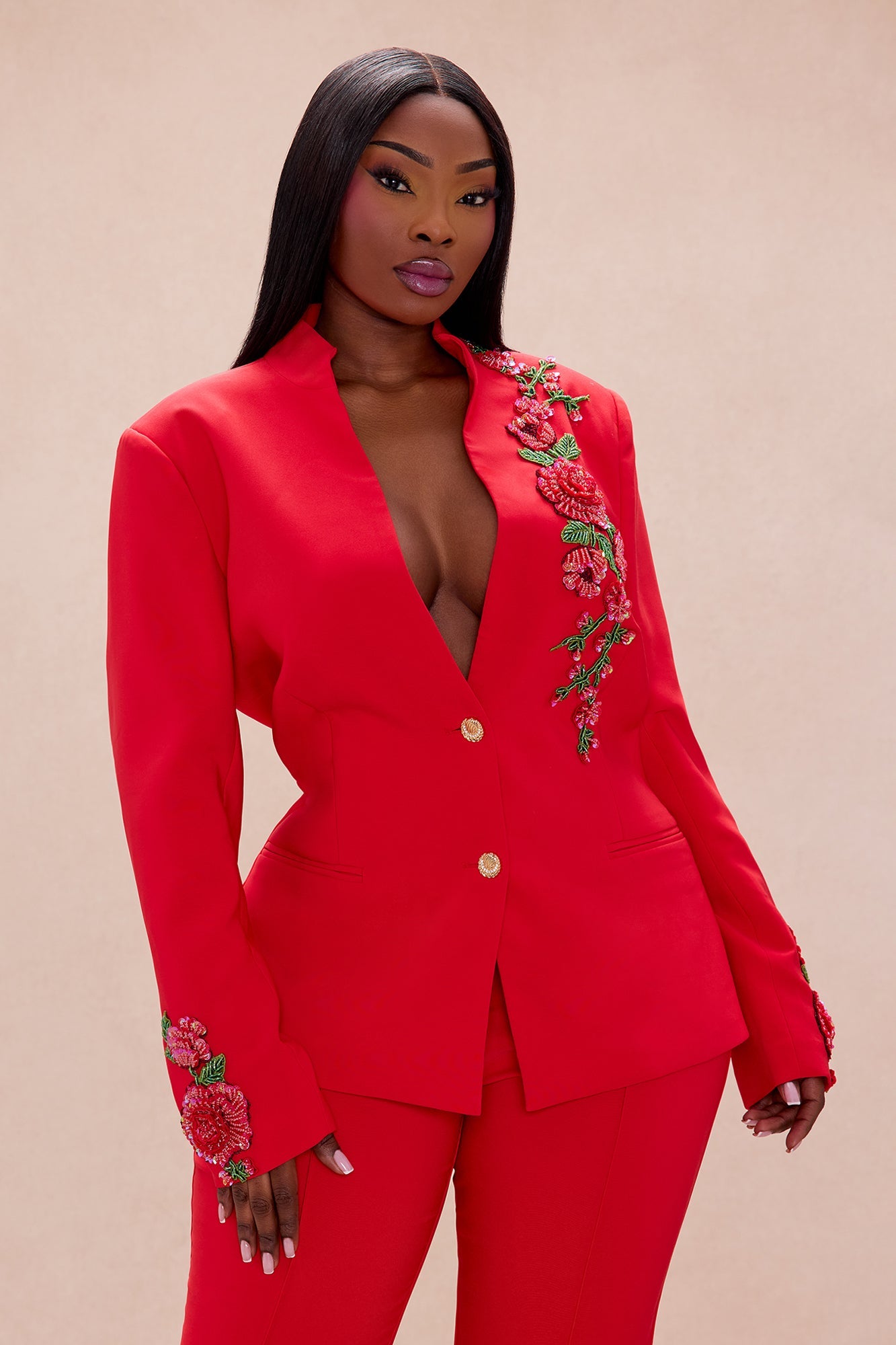 Amelia Embroidered Blazer Pant Set - Red