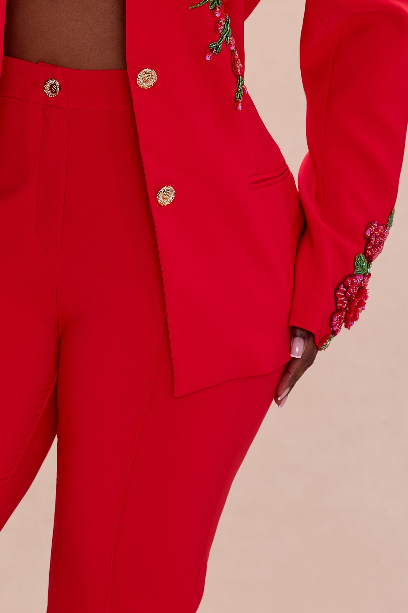 Amelia Embroidered Blazer Pant Set - Red