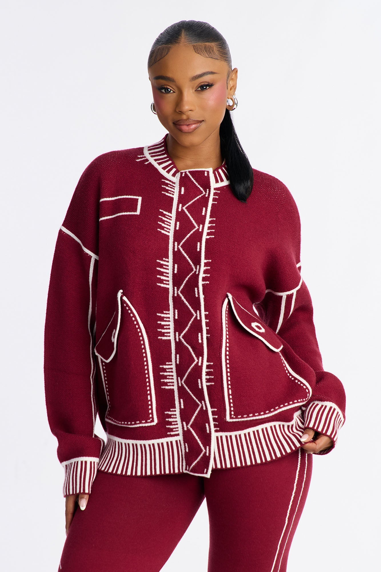 Contrast Mode Sweater Pant Set - Wine