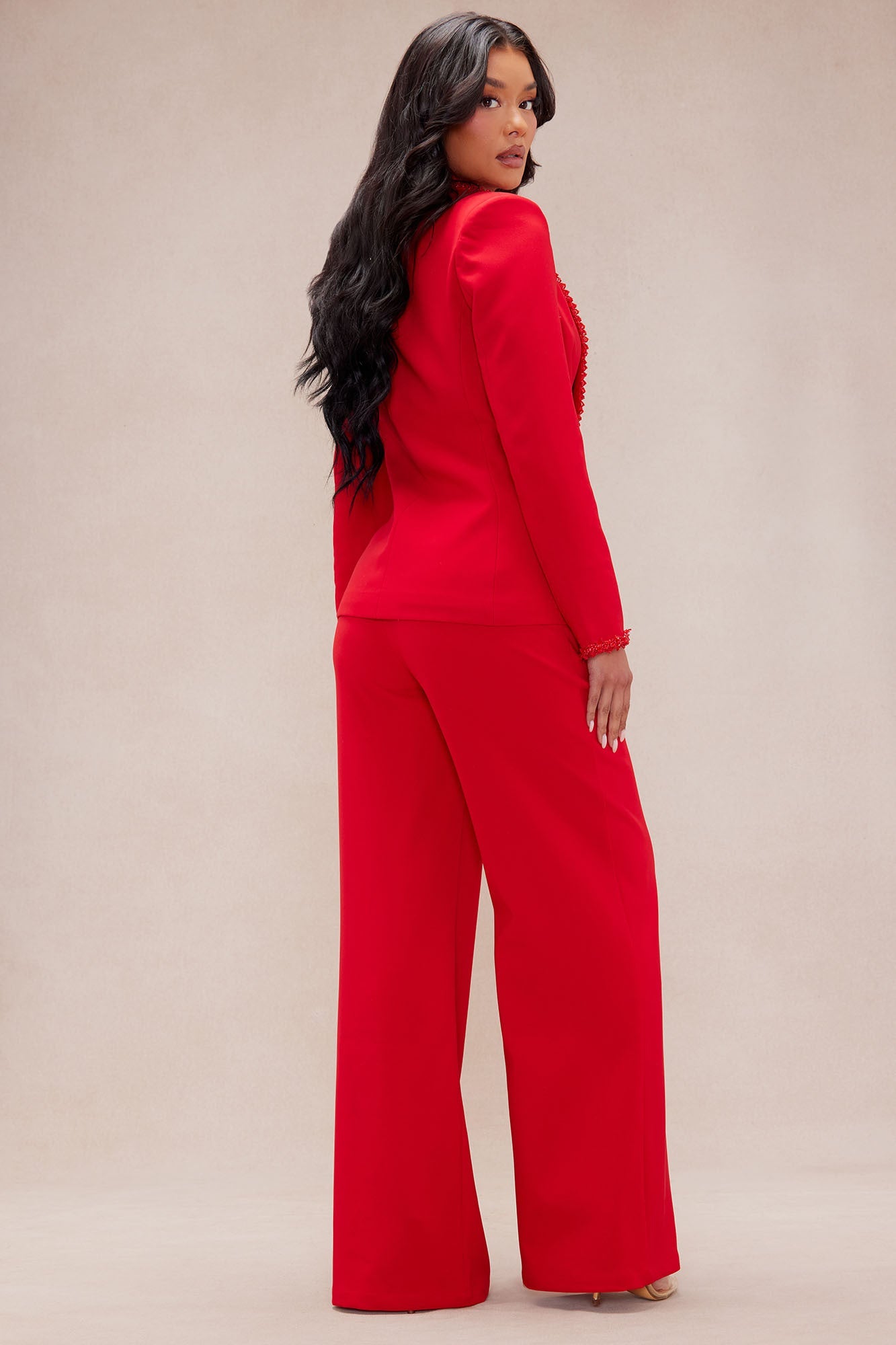 Sweetest Touch Beaded Trim Suit Set - Red