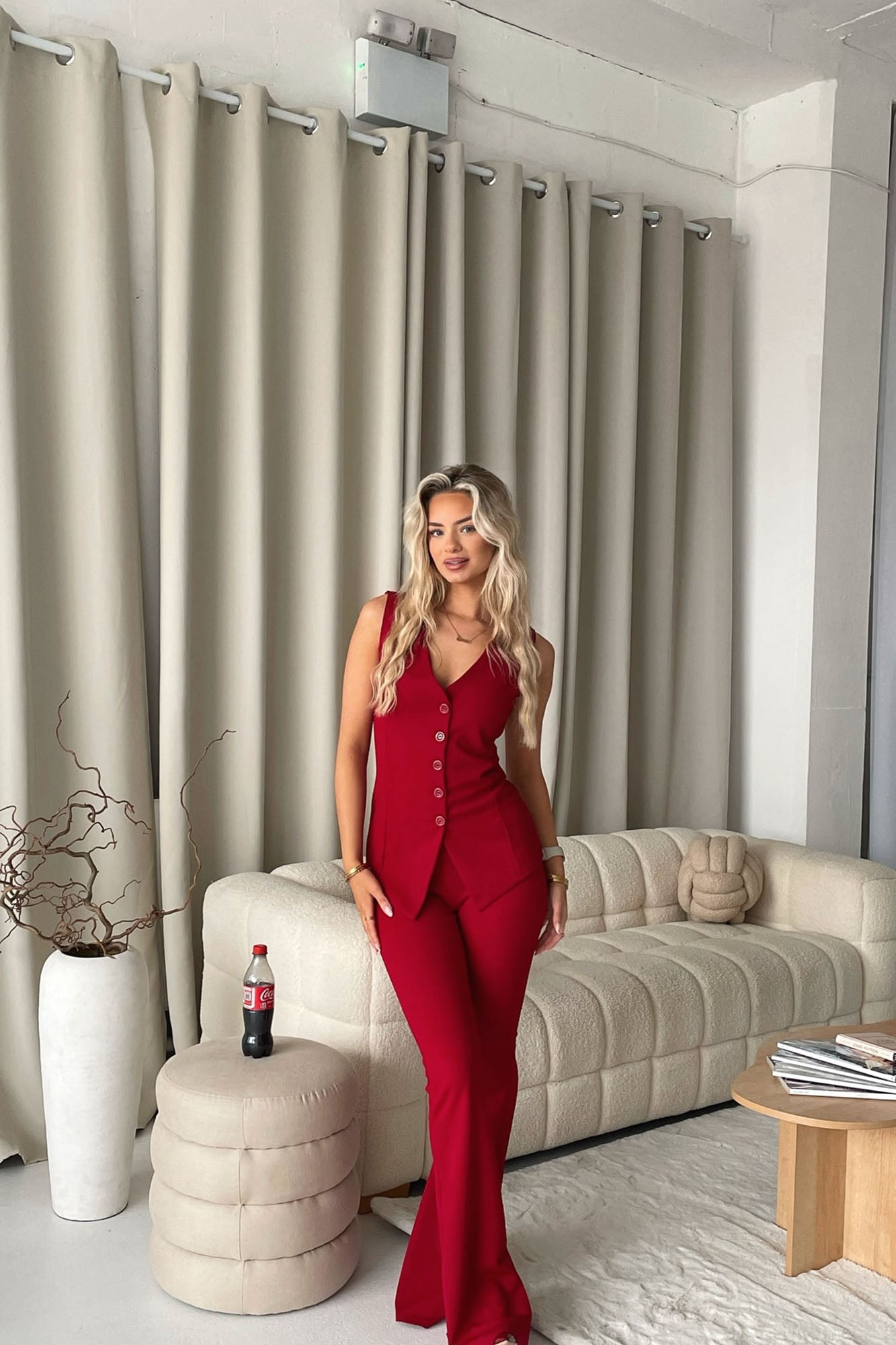 Office Romance Vest Pant Set - Ruby Red