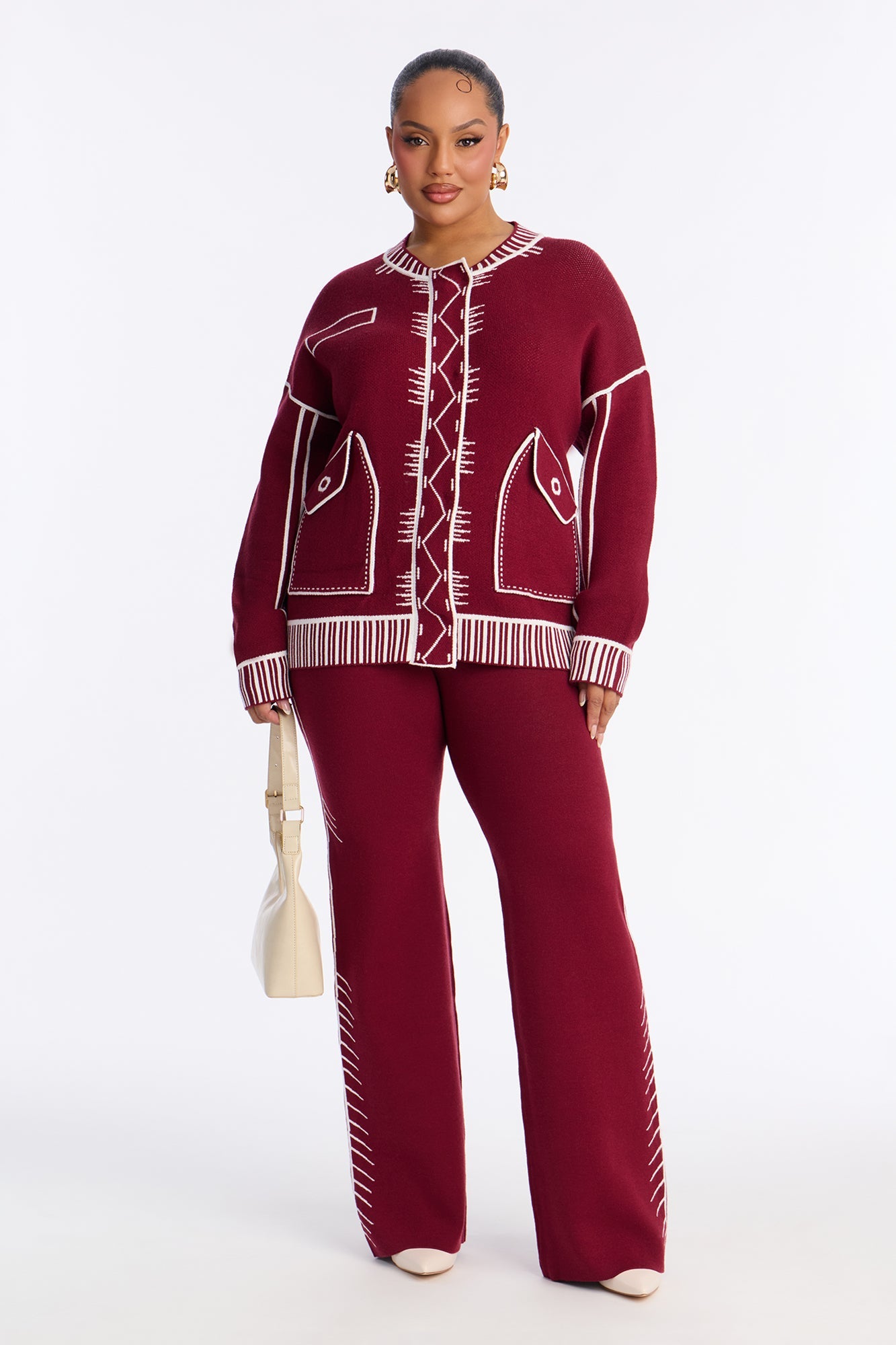 Contrast Mode Sweater Pant Set - Wine