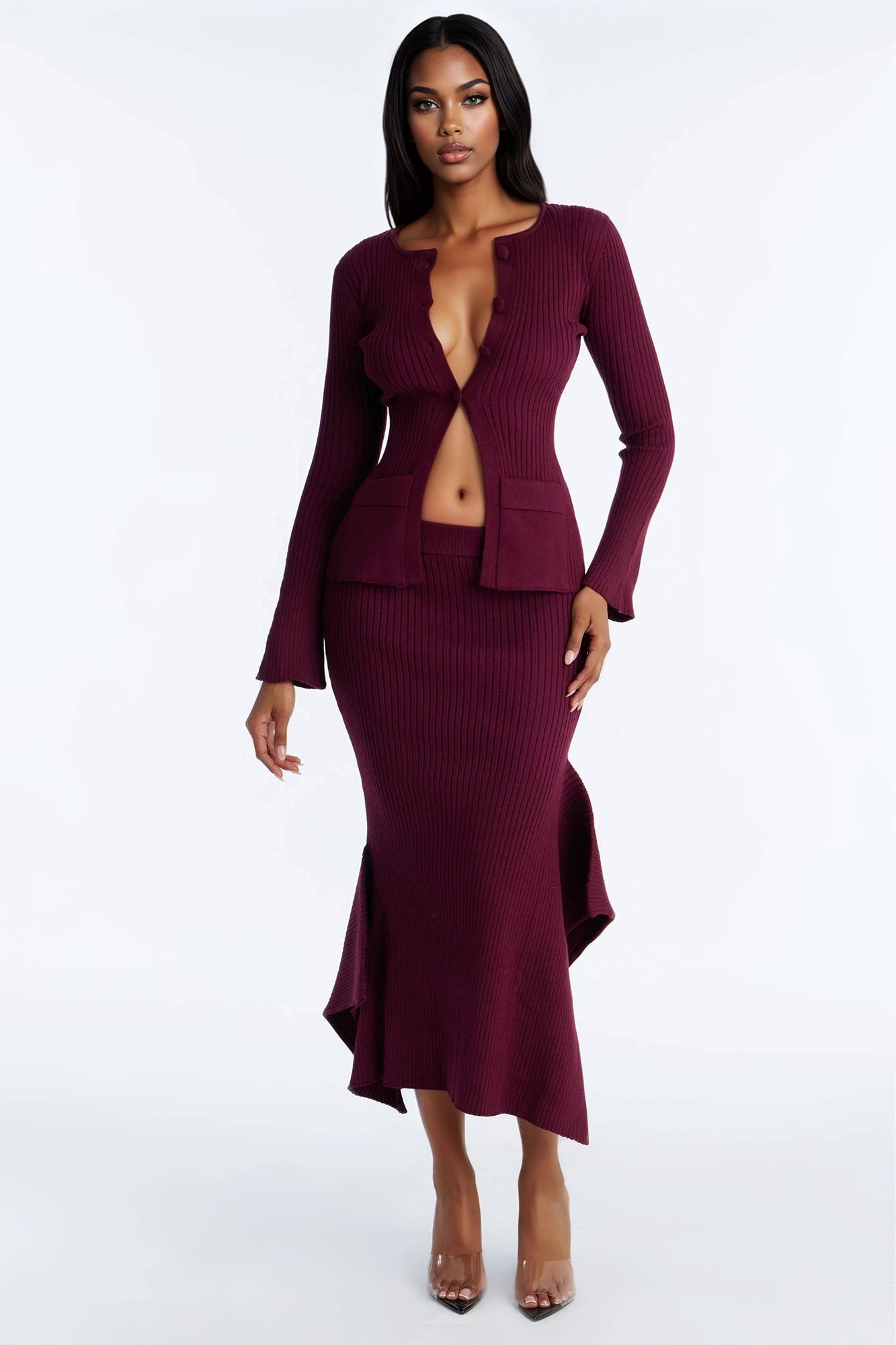 Sway Away Sweater Asymmetrical Maxi Skirt Set - Burgundy
