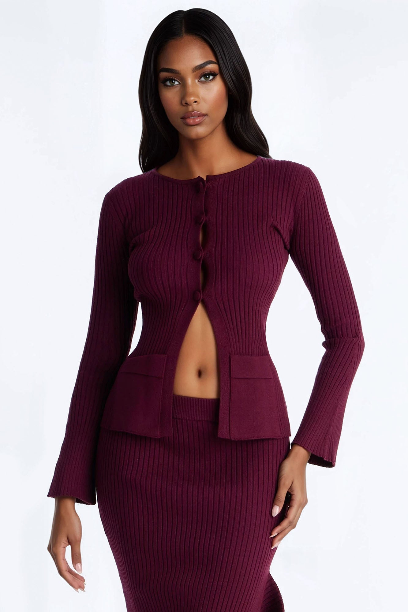 Sway Away Sweater Asymmetrical Maxi Skirt Set - Burgundy