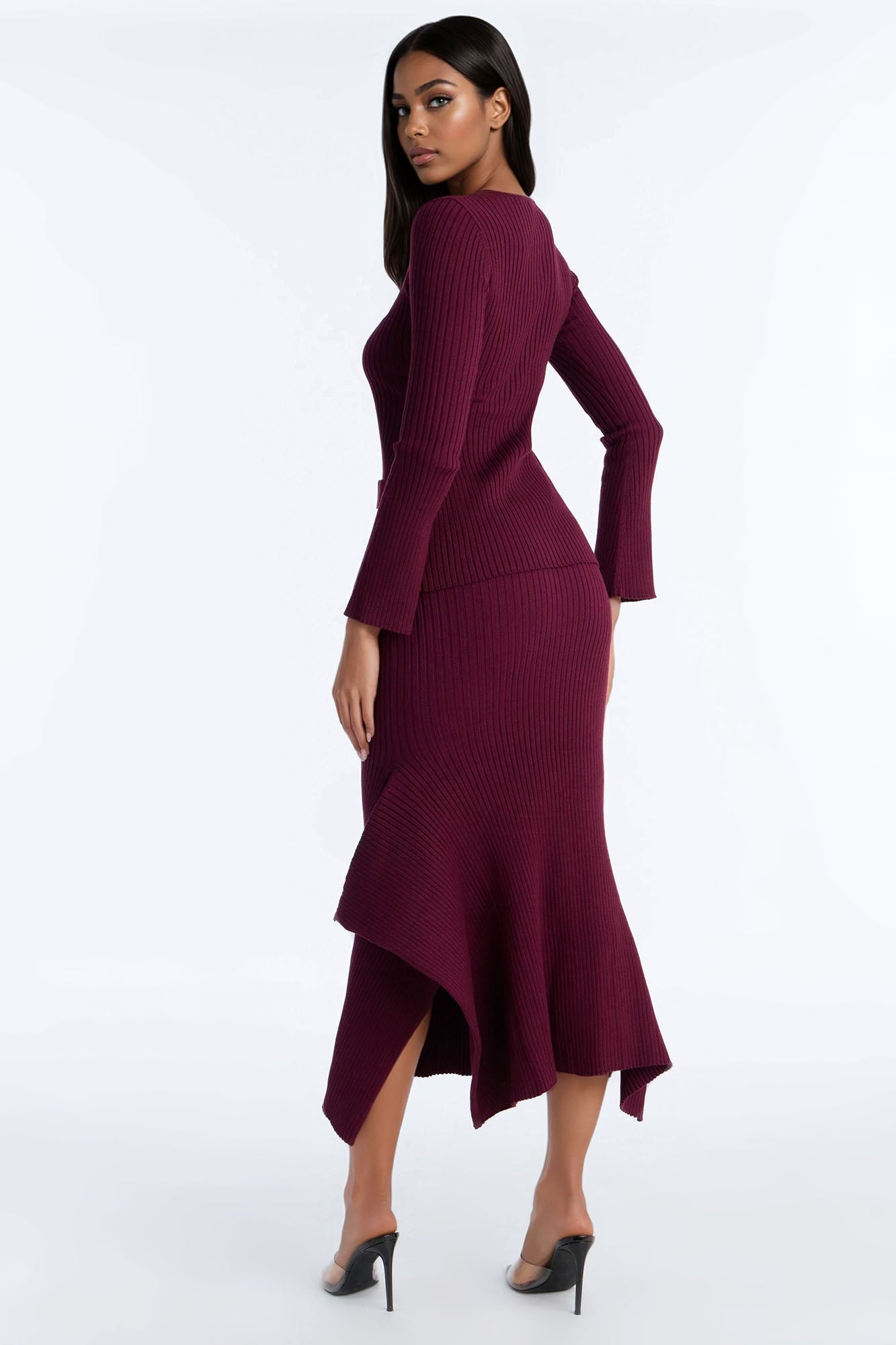 Sway Away Sweater Asymmetrical Maxi Skirt Set - Burgundy