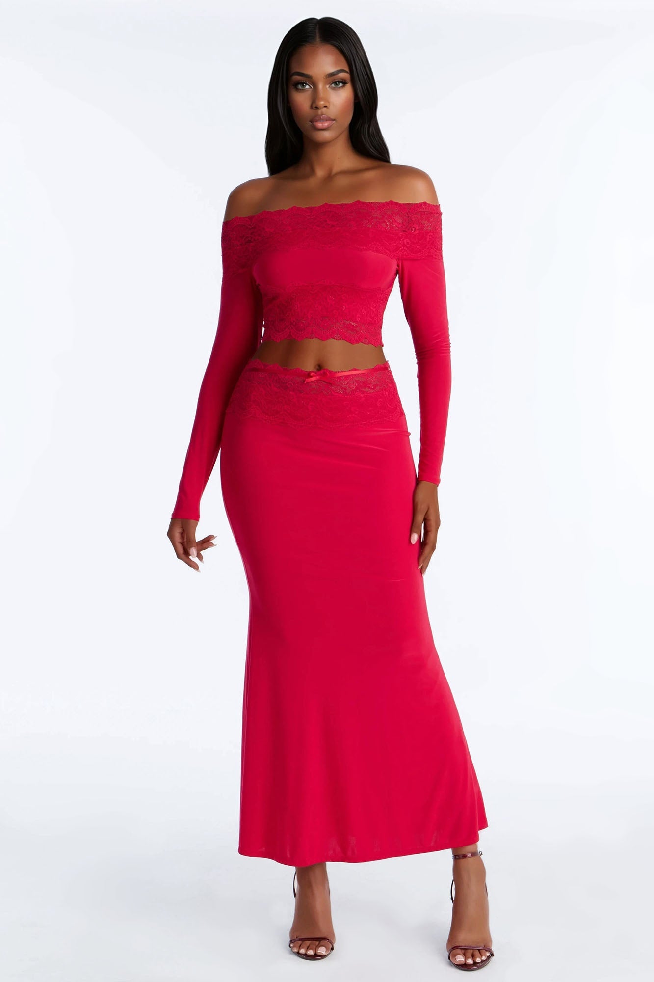 Angelic Energy Long Sleeve Lace Skirt Set - Red