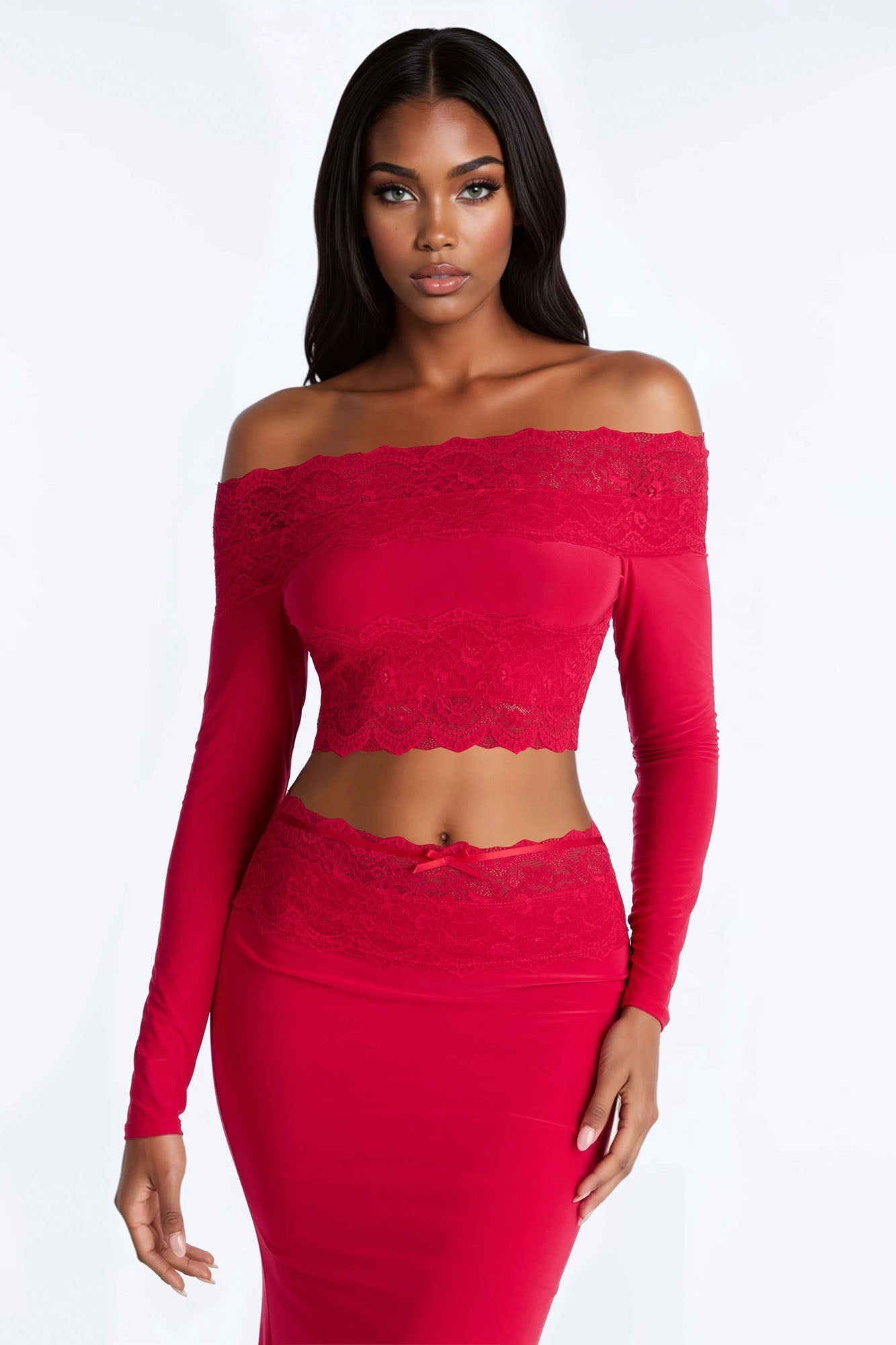 Angelic Energy Long Sleeve Lace Skirt Set - Red