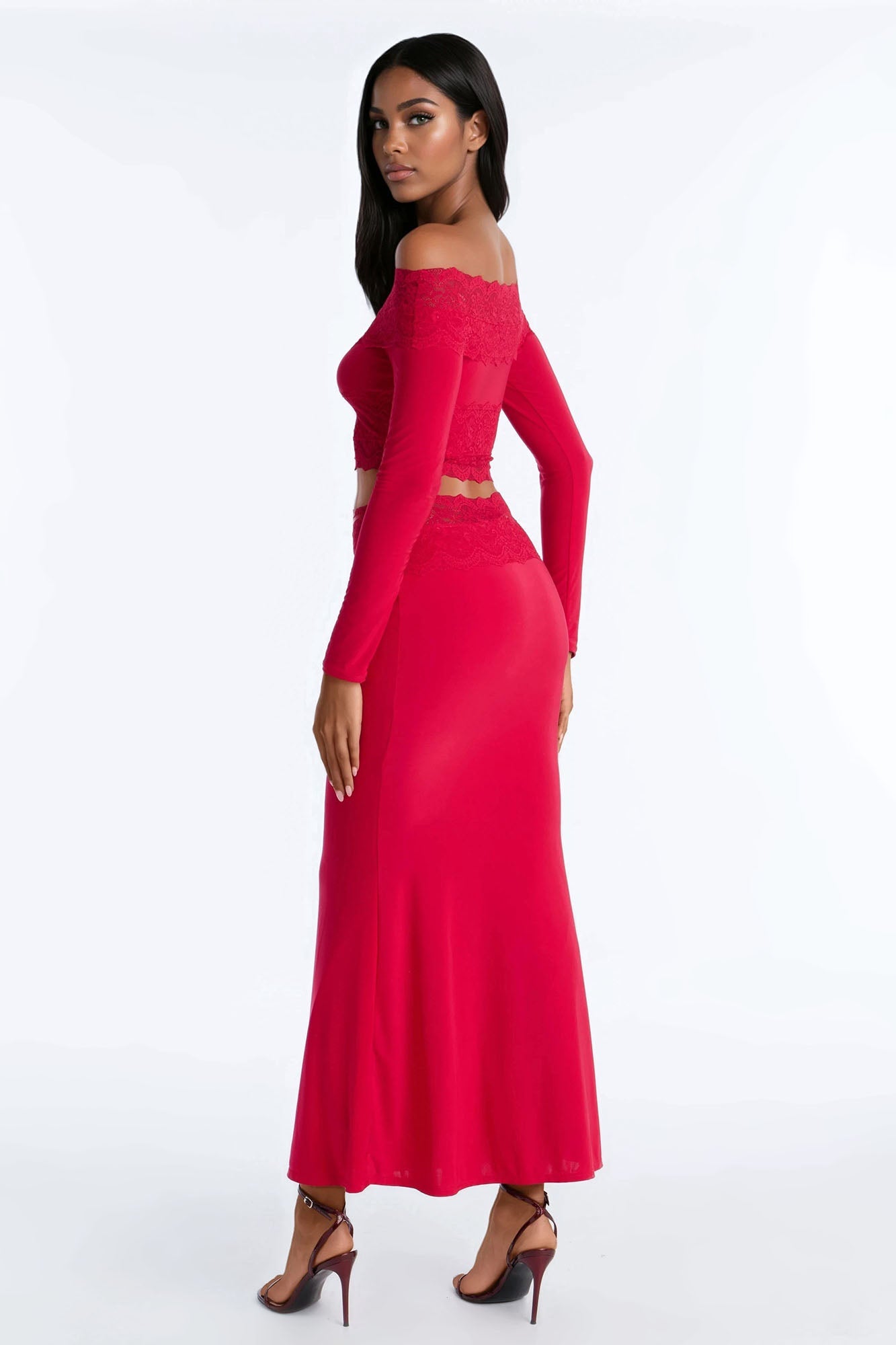 Angelic Energy Long Sleeve Lace Skirt Set - Red