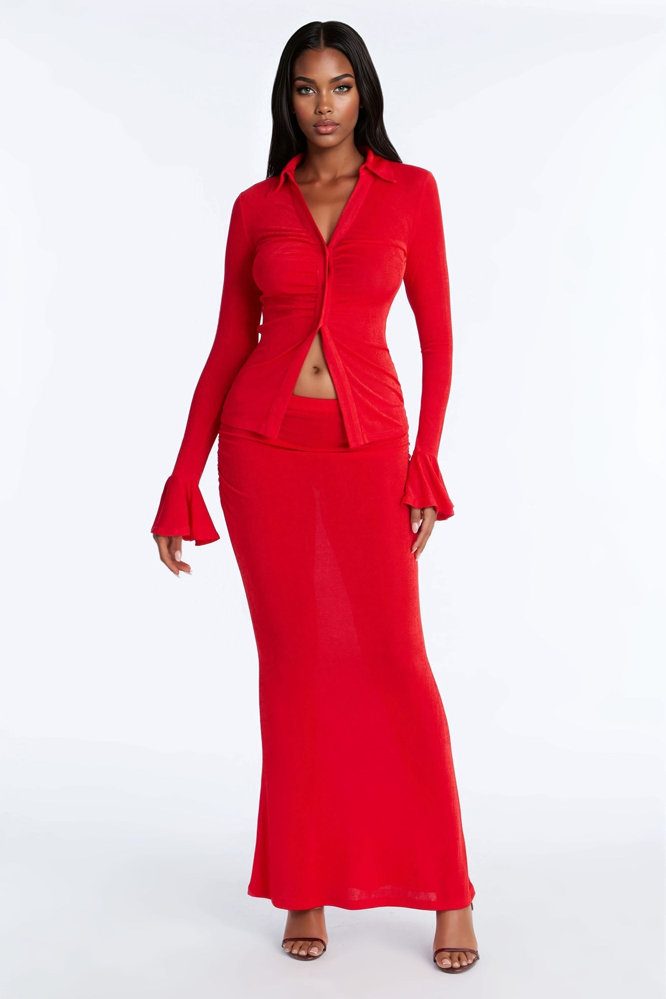 So Sweet Ruched Maxi Skirt Set - Red