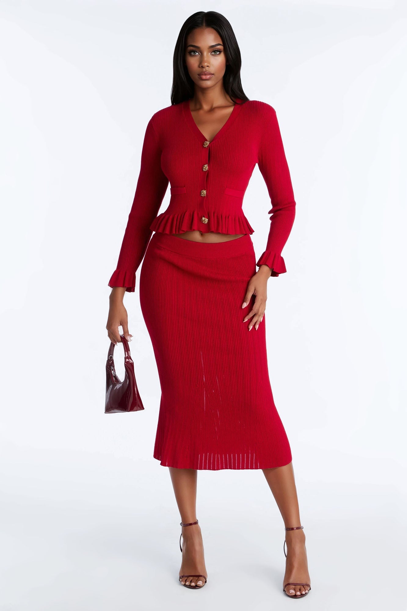 Johane Sweater Midi Skirt Set - Red