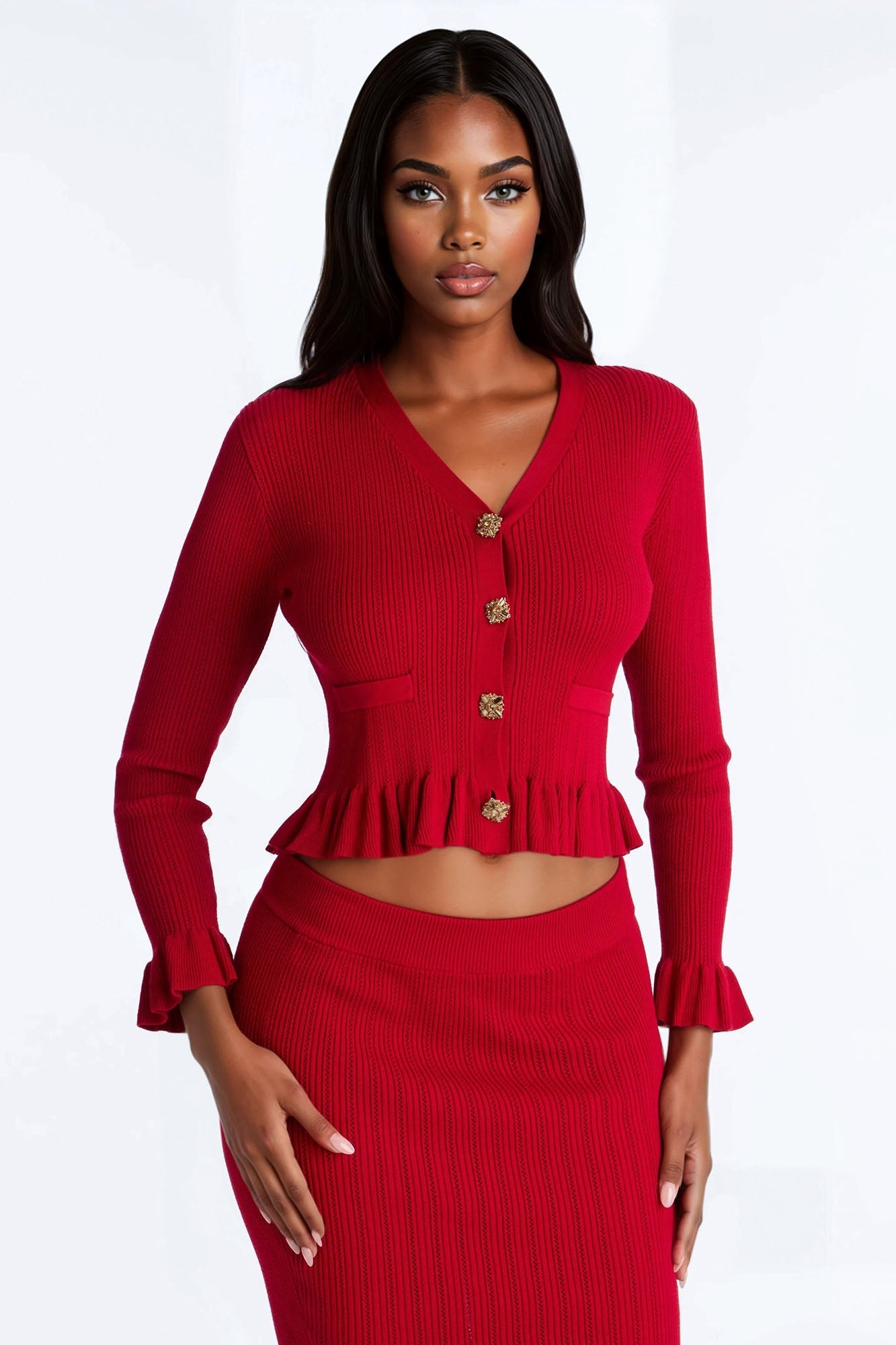 Johane Sweater Midi Skirt Set - Red