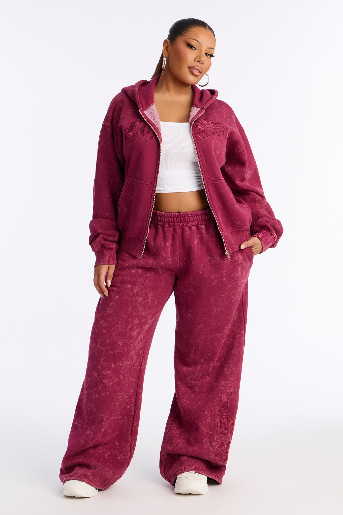 Love Club Embroidered Fleece Pant Set - Wine