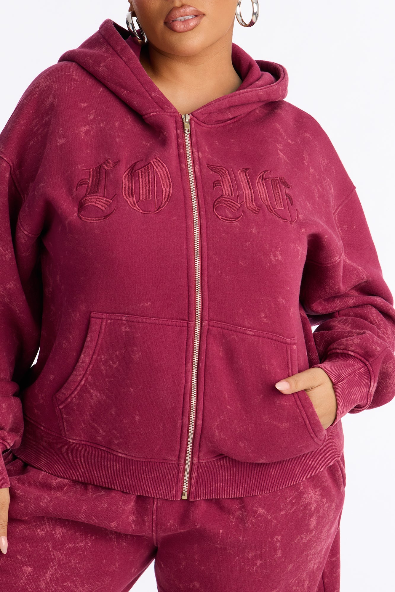 Love Club Embroidered Fleece Pant Set - Wine