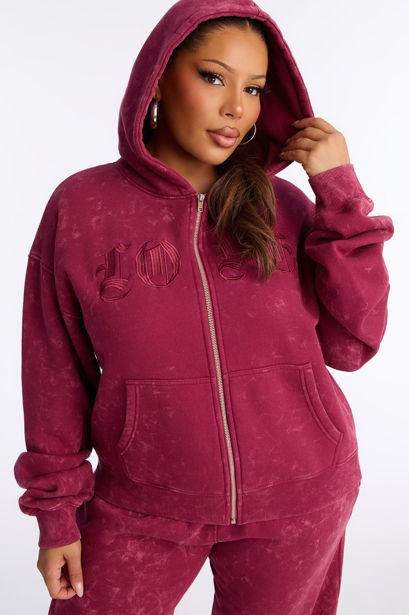 Love Club Embroidered Fleece Pant Set - Wine