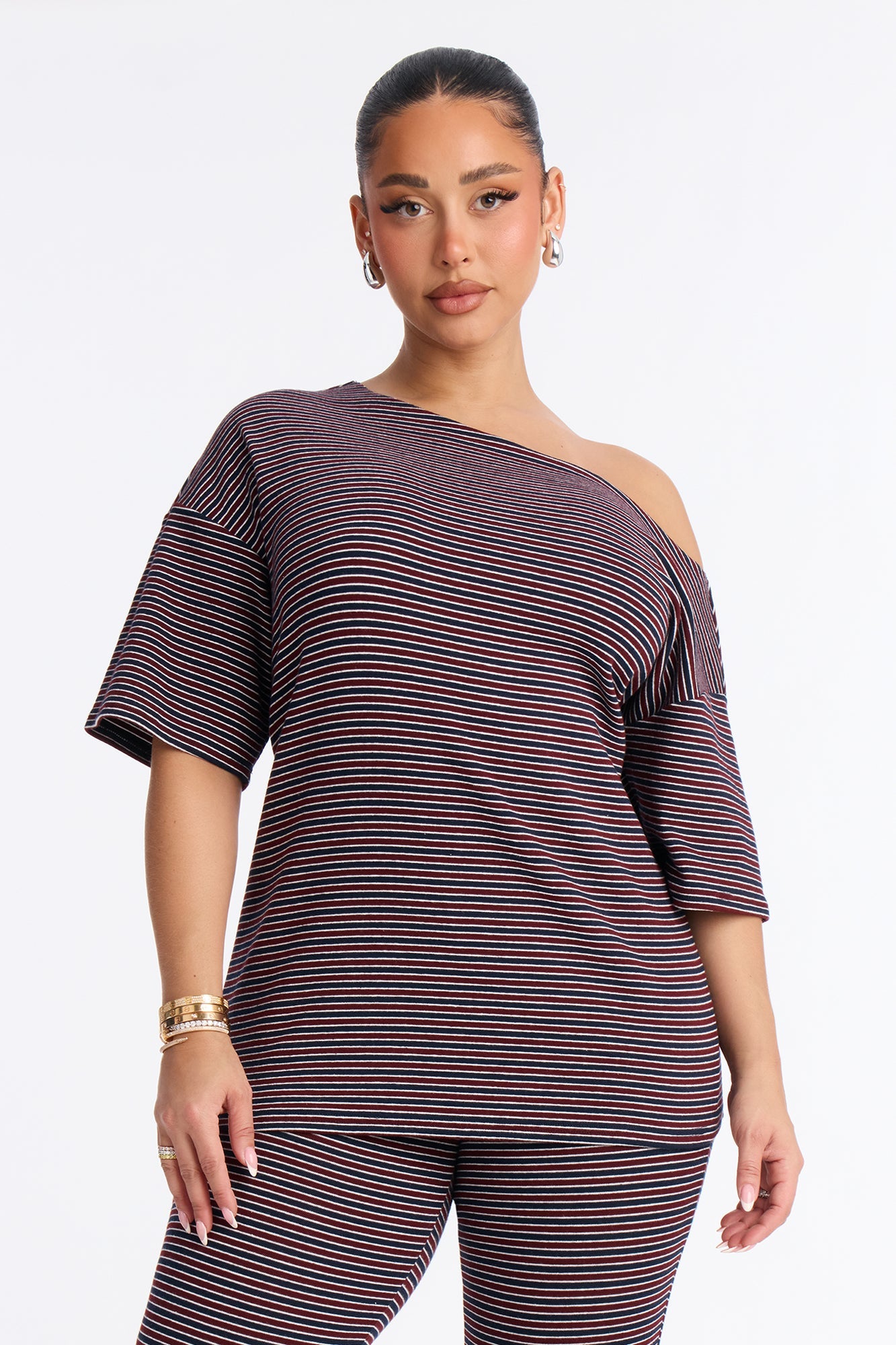 Corey Striped Off Shoulder Capri Set - Burgundy/combo