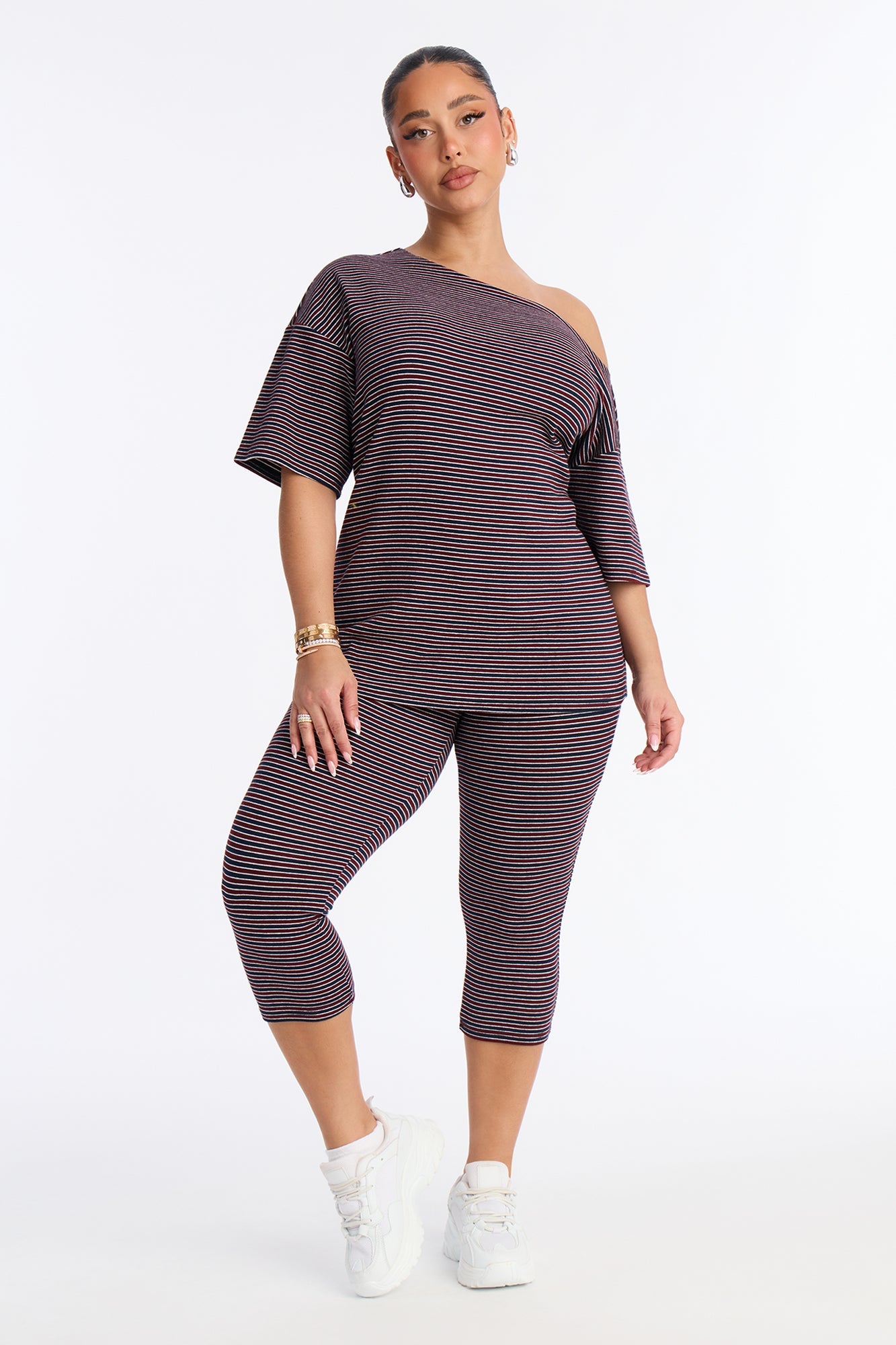 Corey Striped Off Shoulder Capri Set - Burgundy/combo