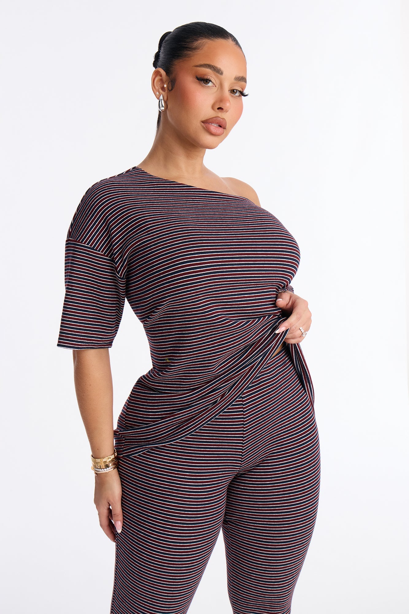 Corey Striped Off Shoulder Capri Set - Burgundy/combo