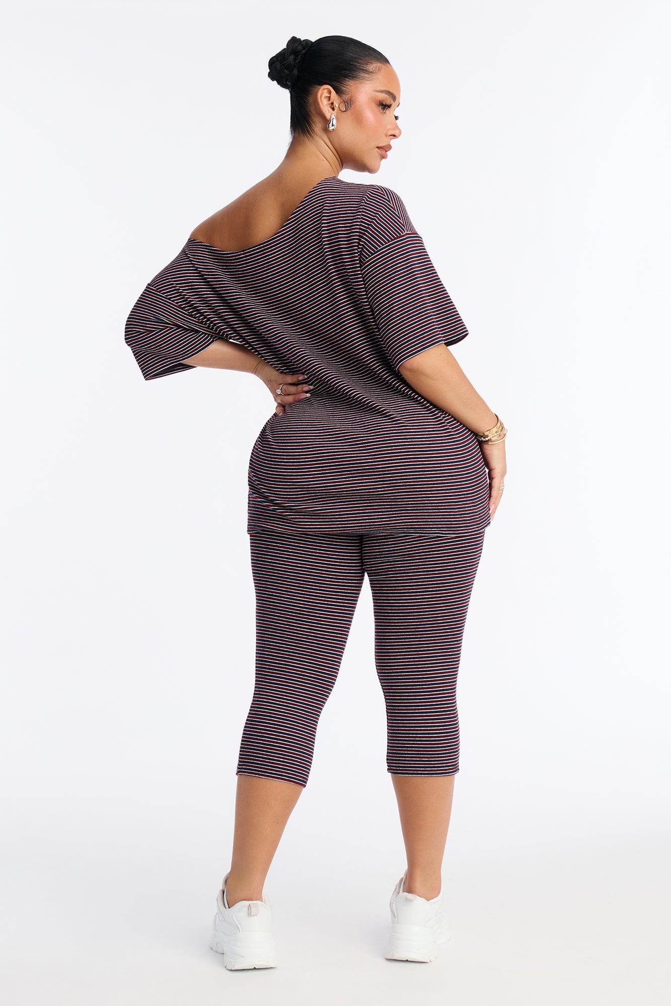 Corey Striped Off Shoulder Capri Set - Burgundy/combo