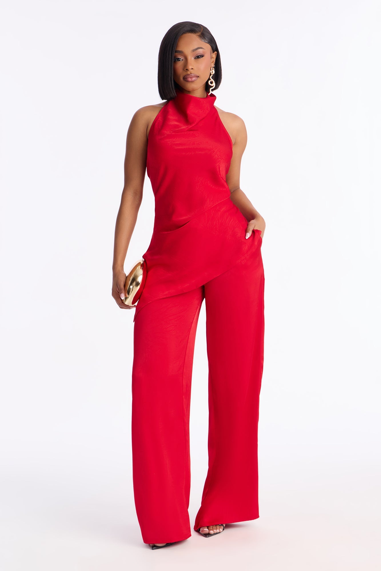 Claire Satin Cowl Neck Pant Set - Red