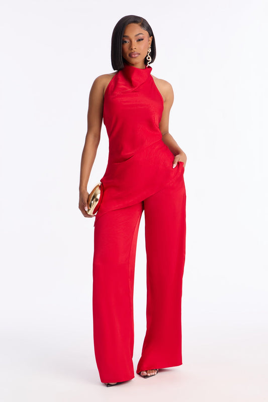 Claire Satin Cowl Neck Pant Set - Red