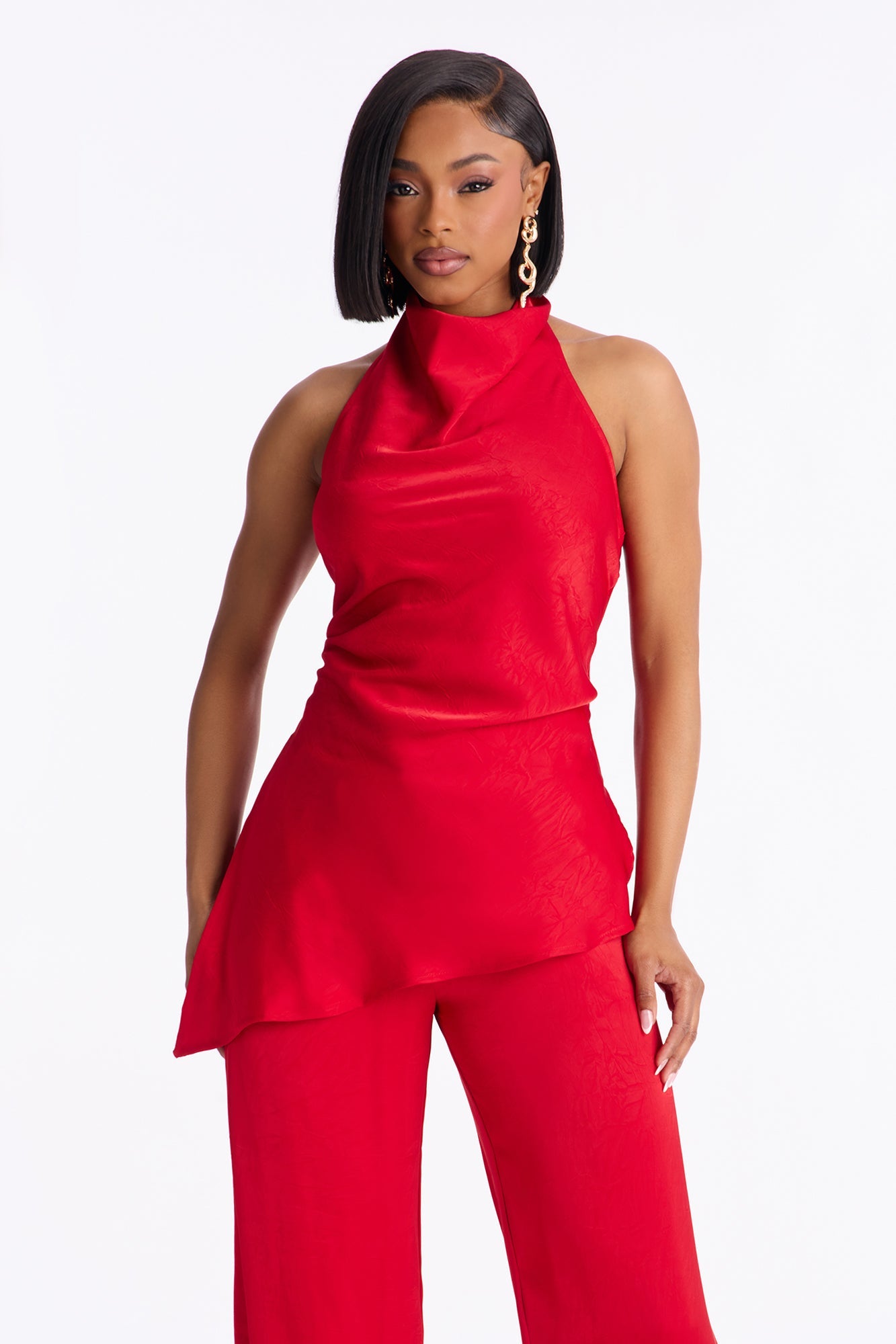 Claire Satin Cowl Neck Pant Set - Red