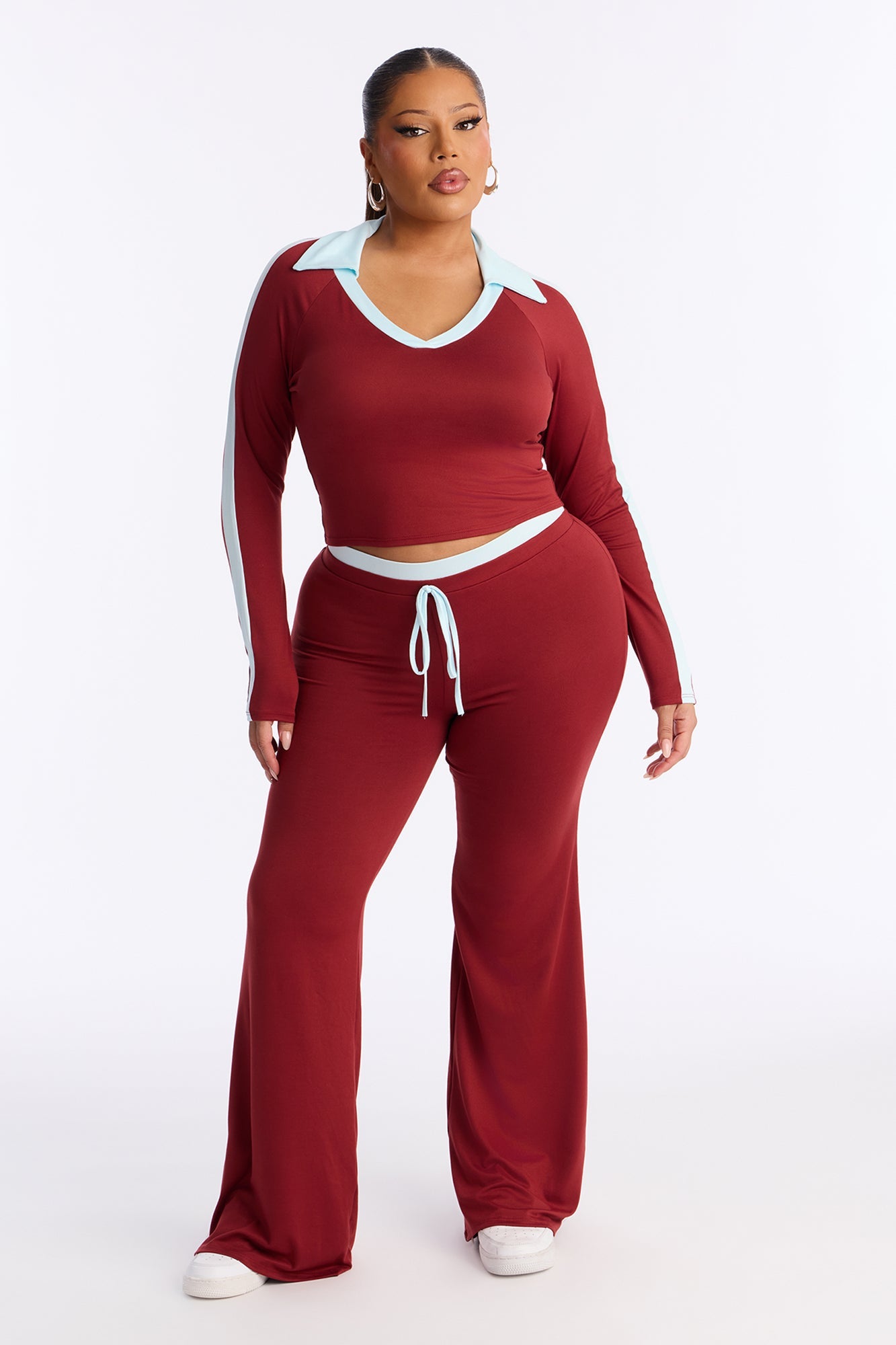 Zoe Contrast Trim Flare Leg Pant Set - Burgundy/combo