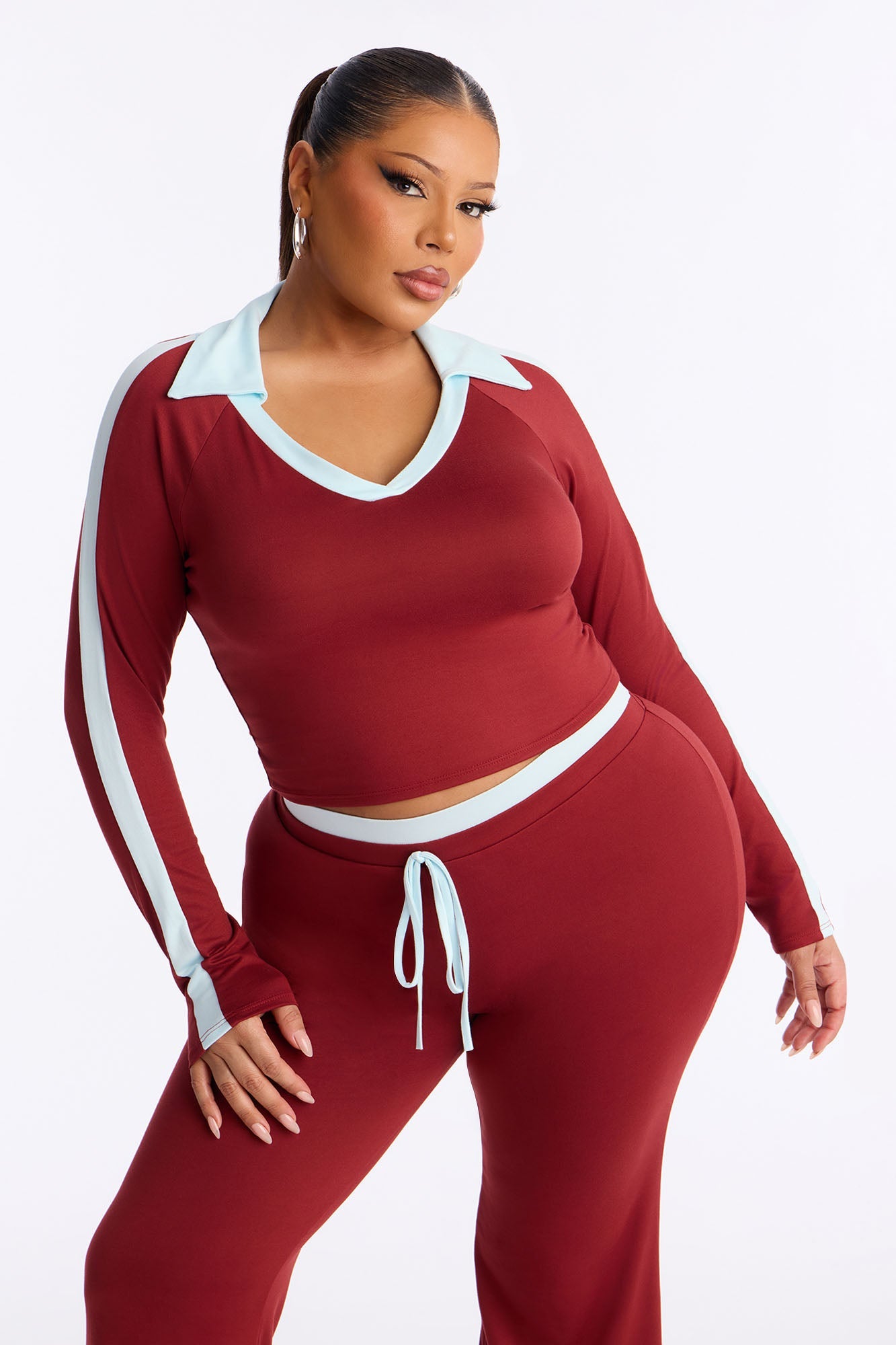 Zoe Contrast Trim Flare Leg Pant Set - Burgundy/combo