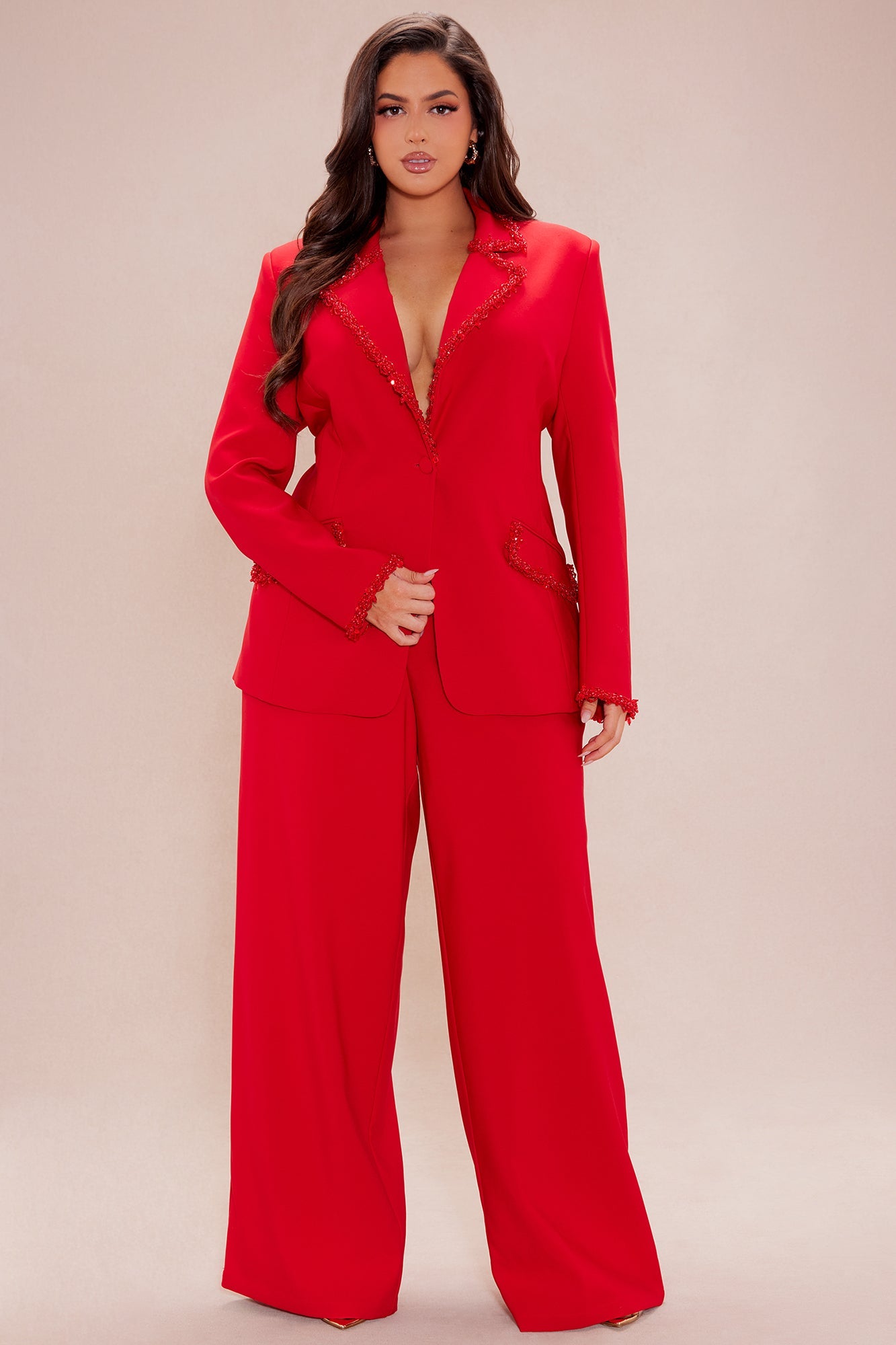 Sweetest Touch Beaded Trim Suit Set - Red