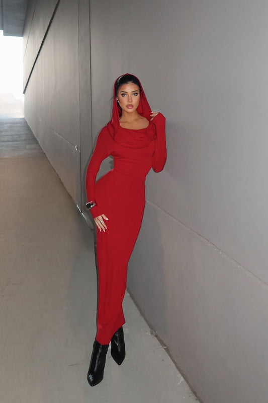 Flow With It Hooded Maxi Skirt Set - Red