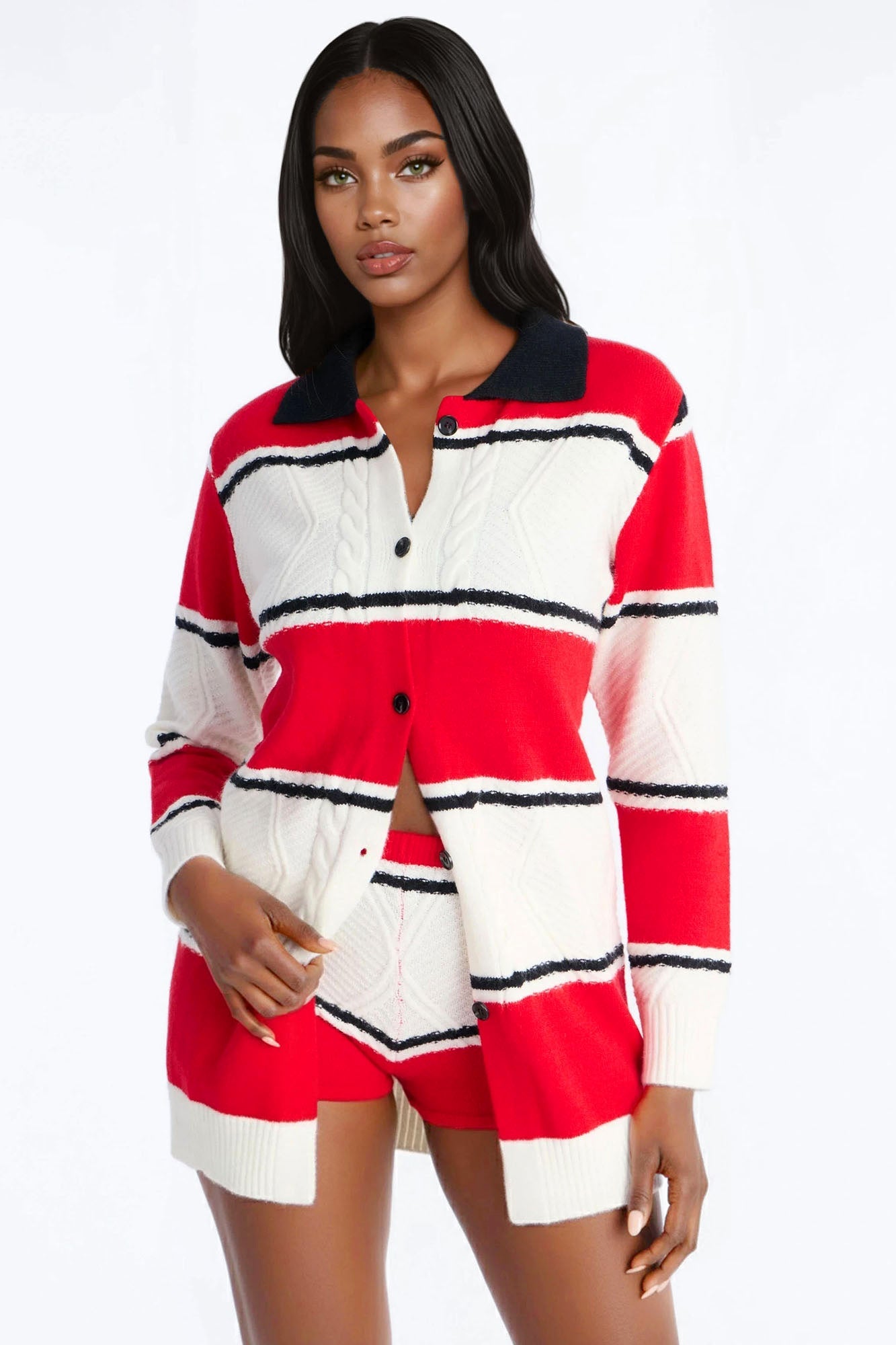 Class Act Striped Sweater Short Set - Red/combo