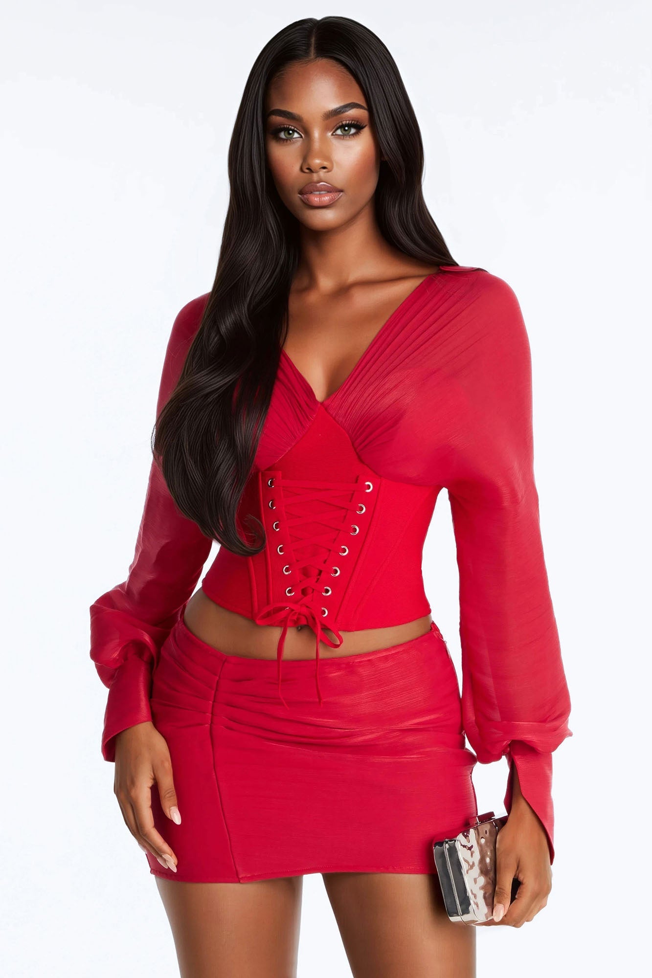 Mia Bandage Off Shoulder Corset Mini Skirt Set - Red
