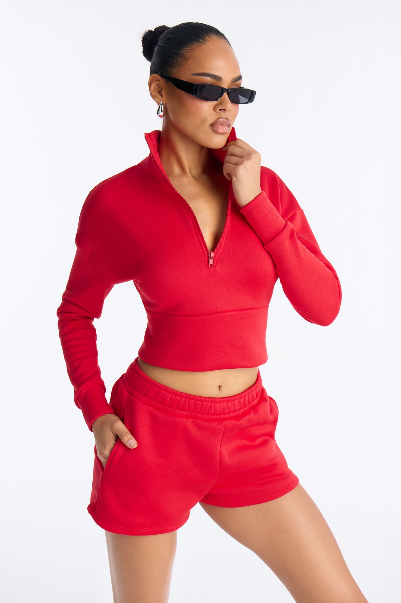 Alina Fleece Quarter Zip Short Set - Red