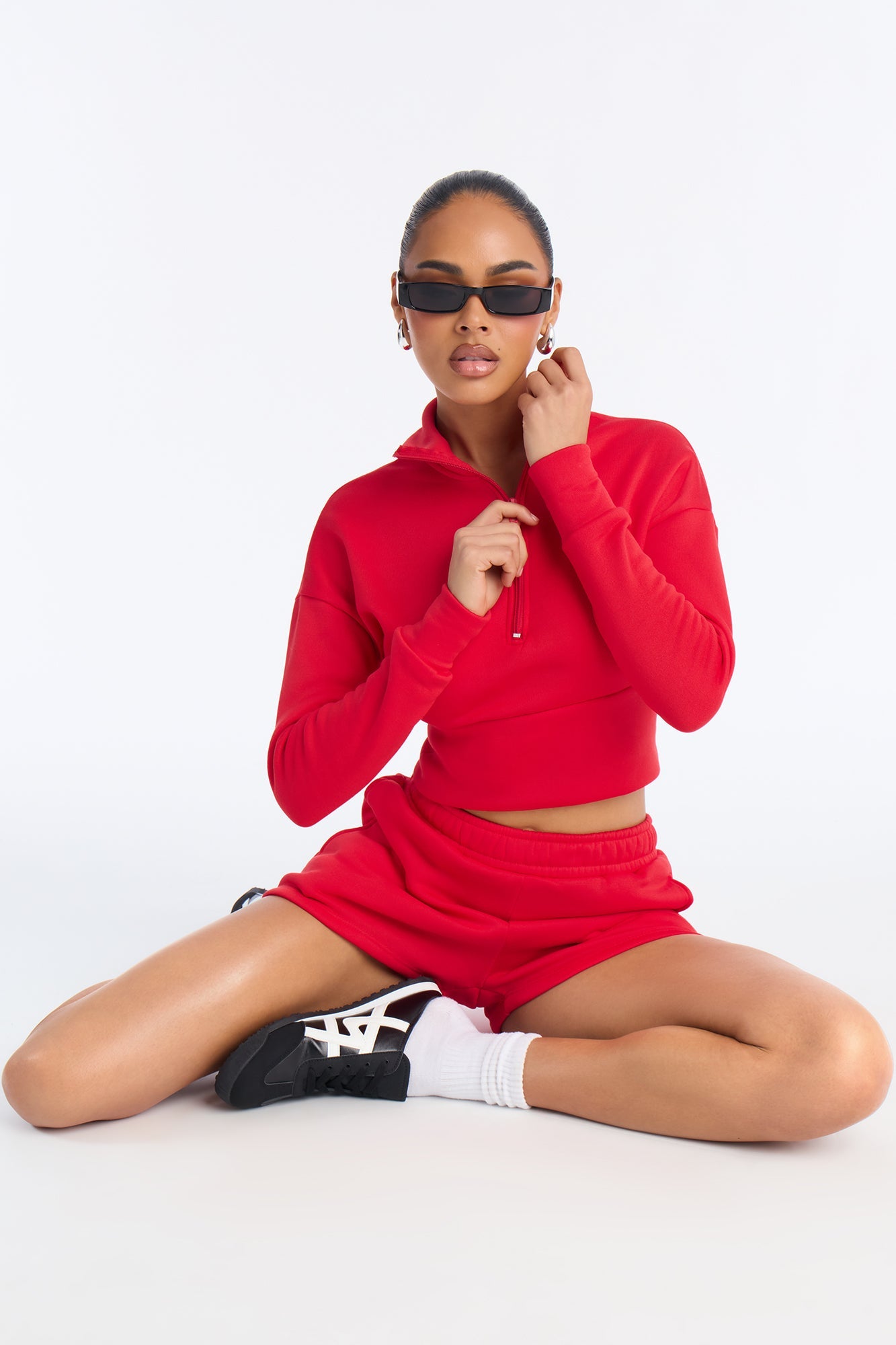 Alina Fleece Quarter Zip Short Set - Red
