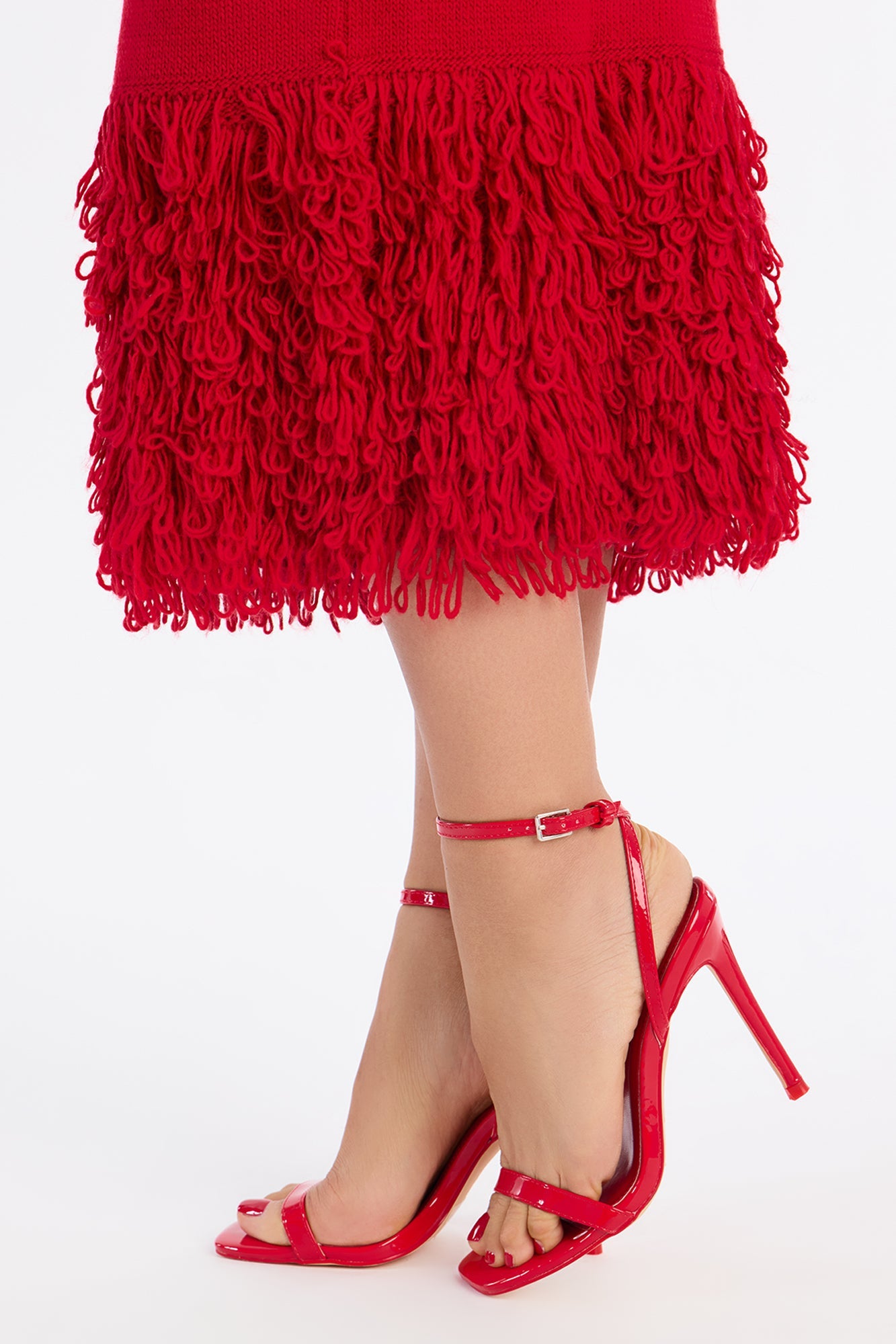 Savannah Sweater Fringe Midi Skirt Set - Red