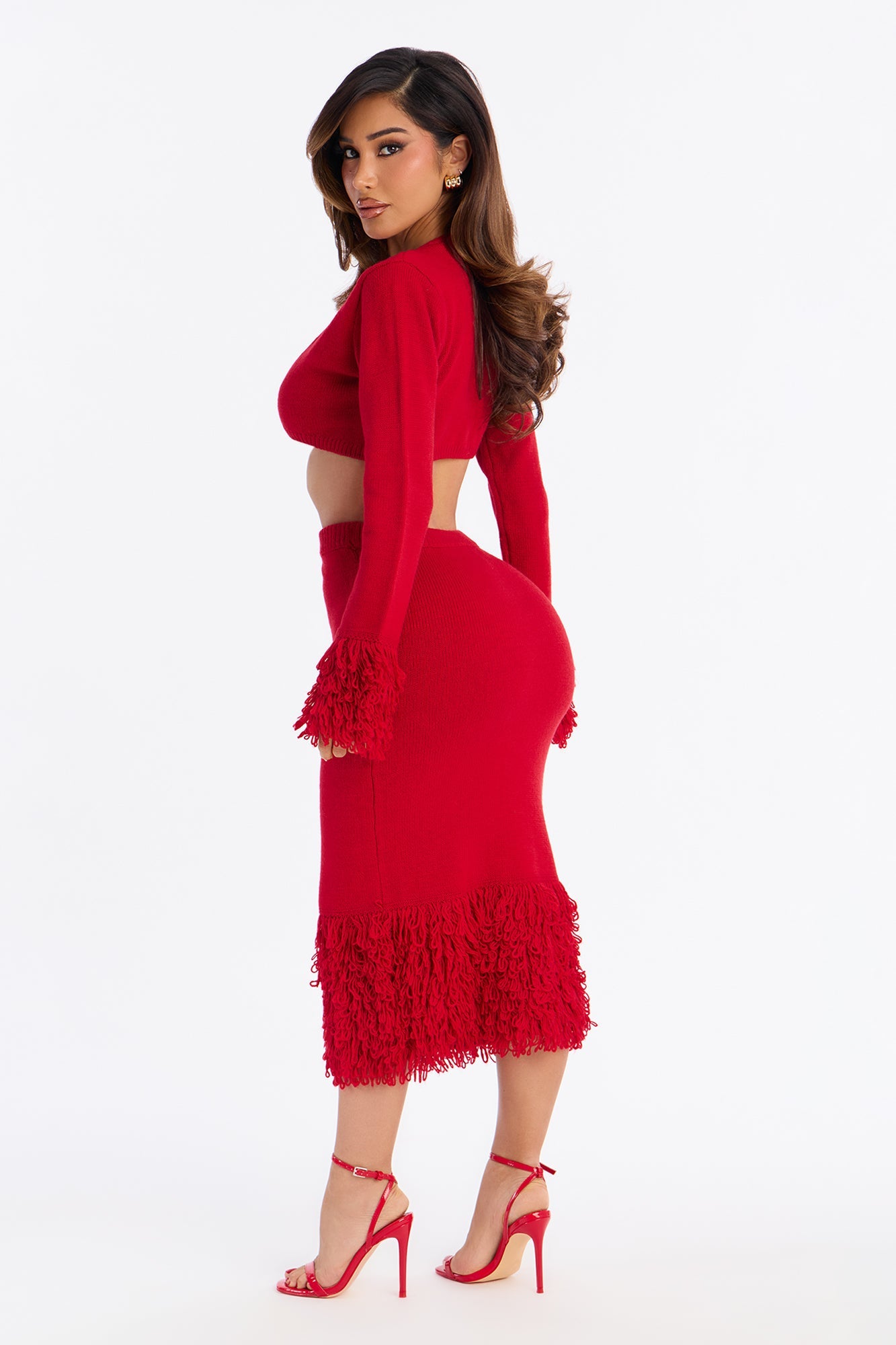Savannah Sweater Fringe Midi Skirt Set - Red