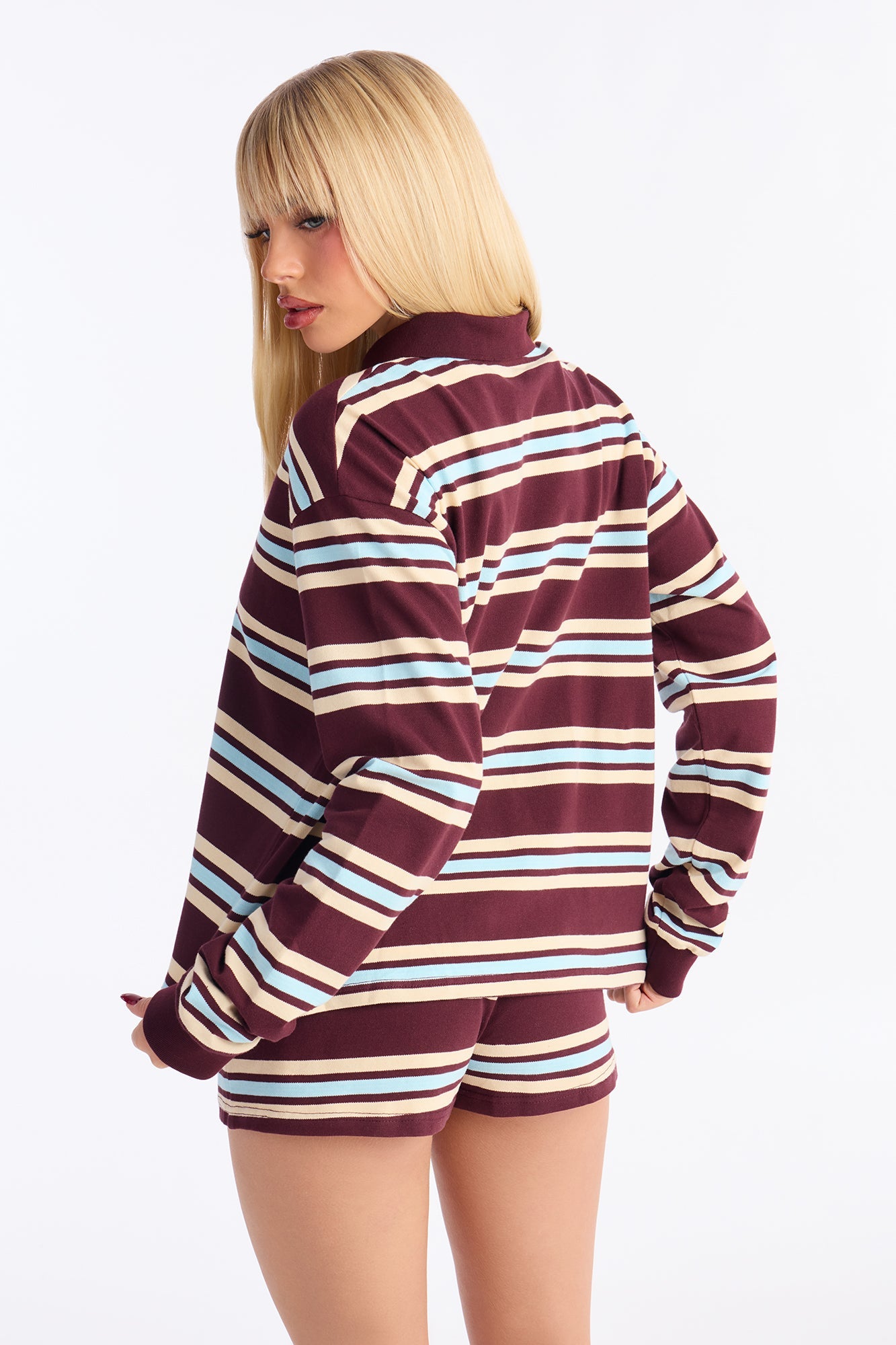 Line It Up Stripe Polo Short Set - Burgundy/combo