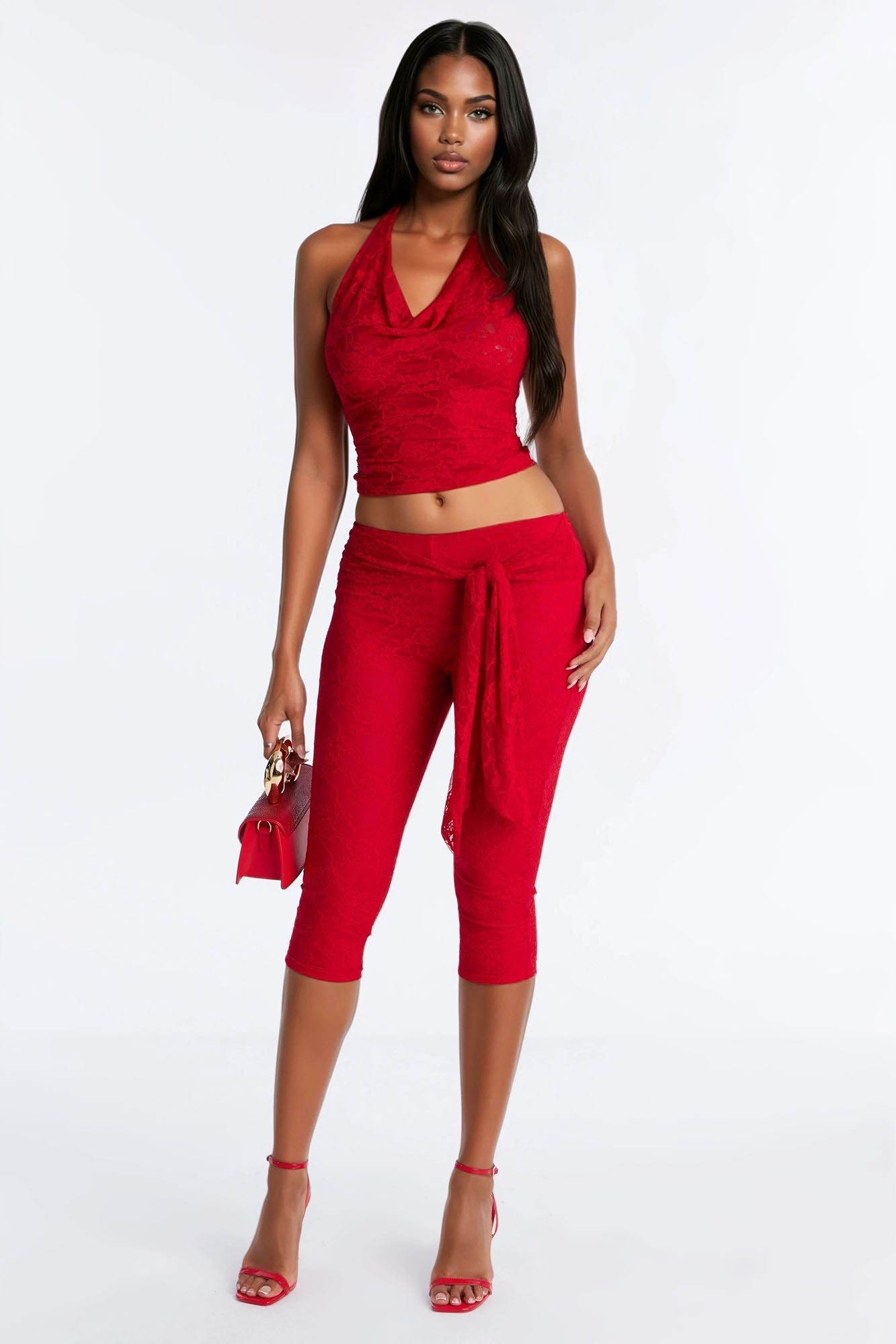 First Crush Halter Lace Capri Set - Red