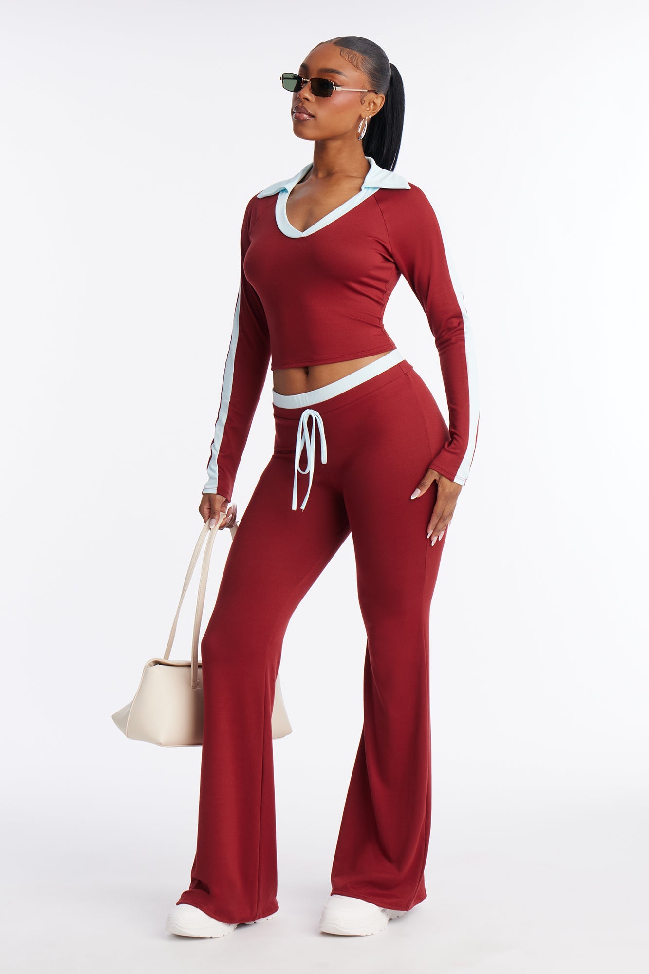 Zoe Contrast Trim Flare Leg Pant Set - Burgundy/combo