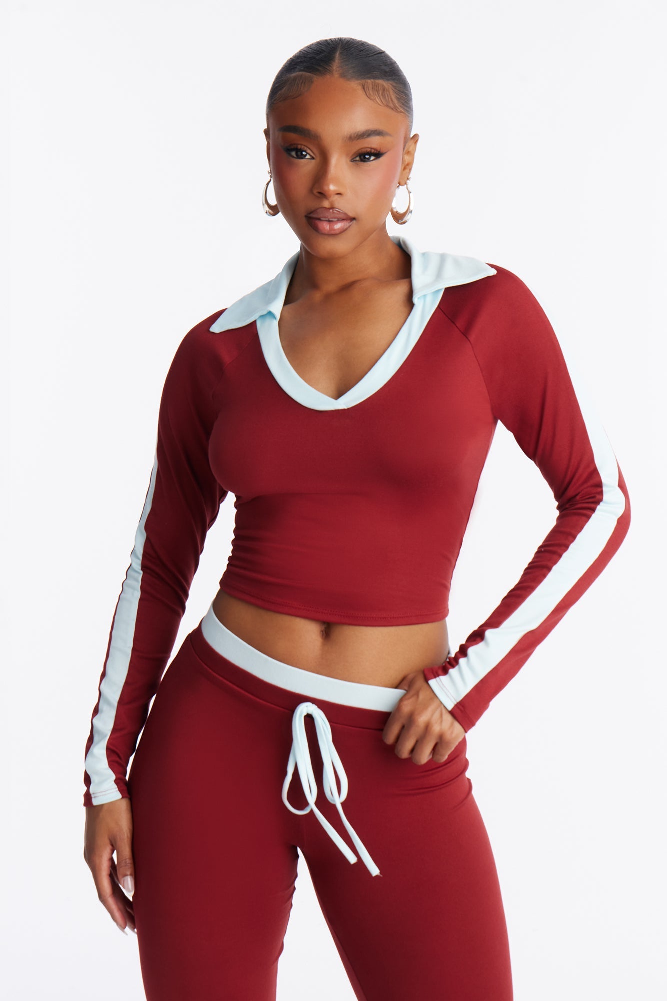 Zoe Contrast Trim Flare Leg Pant Set - Burgundy/combo